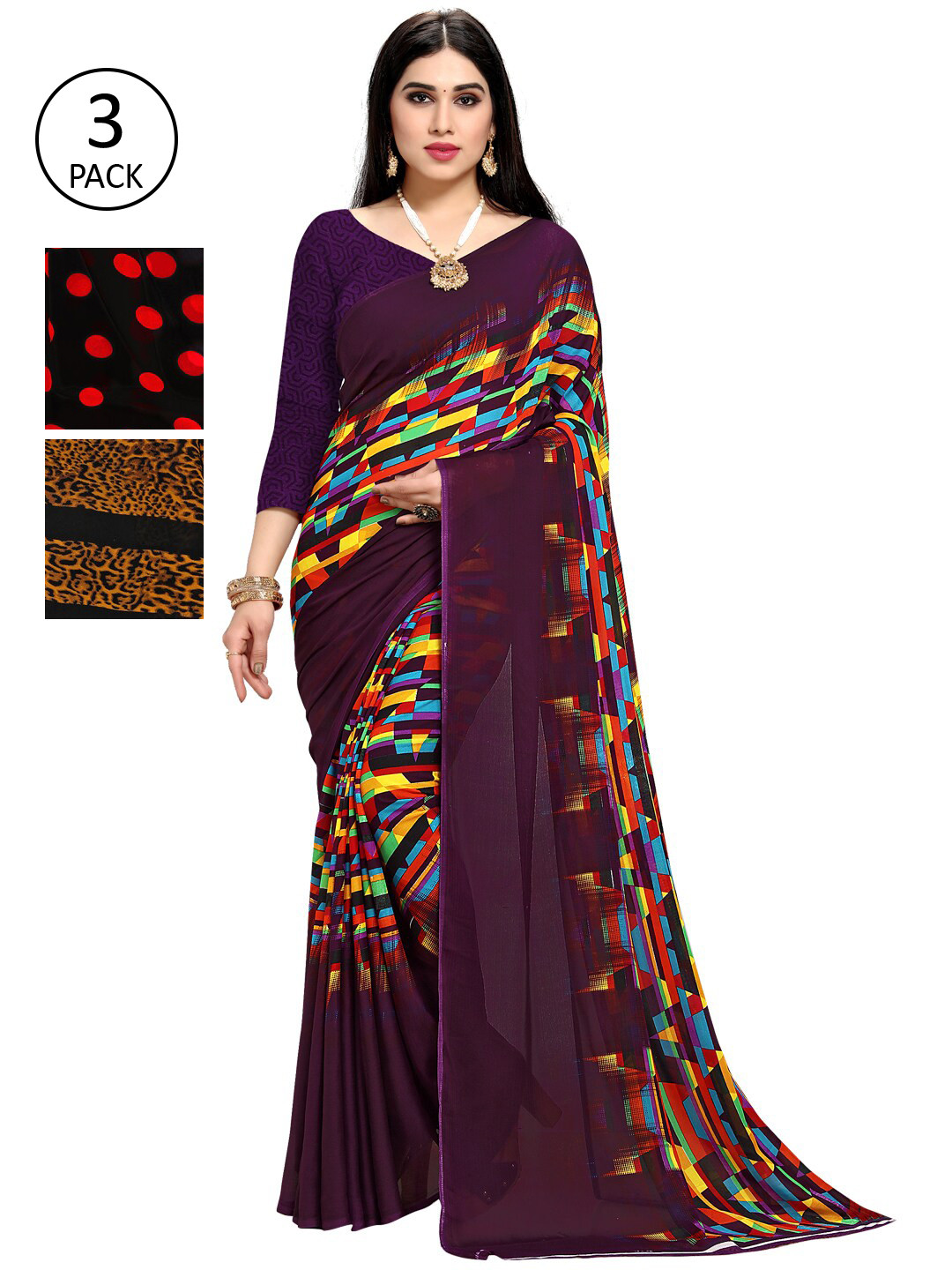 

KALINI Pack of 3 Poly Georgette Printed Sarees, Purple