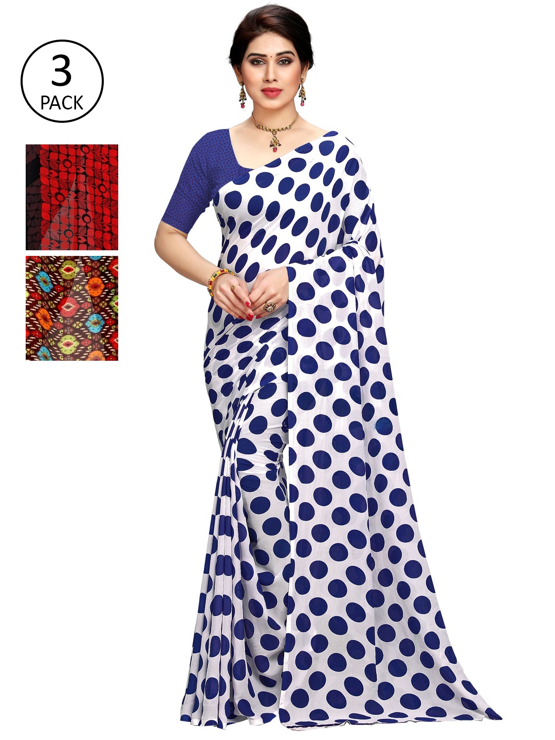 

KALINI Pack Of 3 White & Red Saree