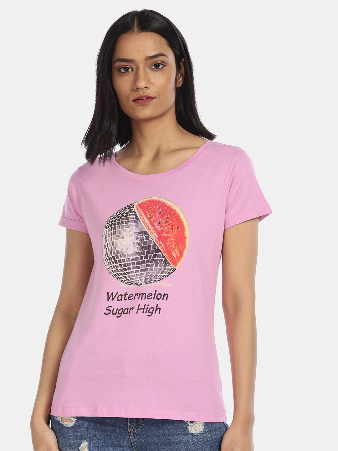 

Sugr Women Pink & Orange Printed T-shirt