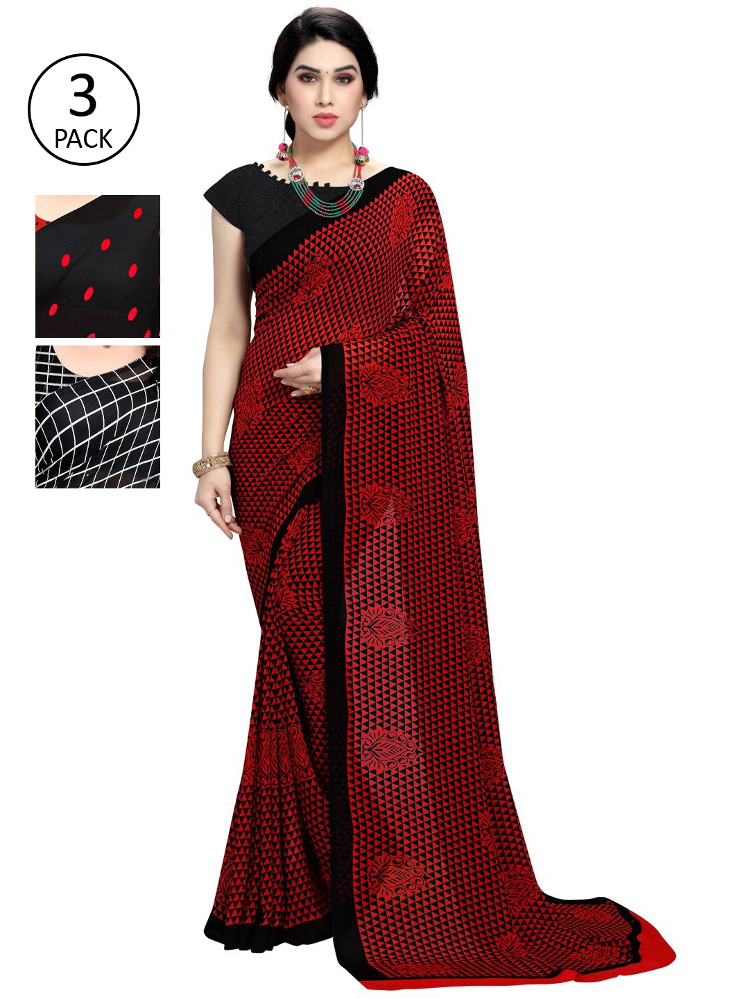

KALINI Pack of 3 Poly Georgette Sarees, Red