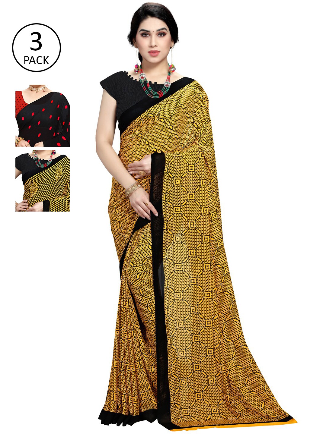 

KALINI Pack Of 3 Poly Georgette Sarees, Yellow