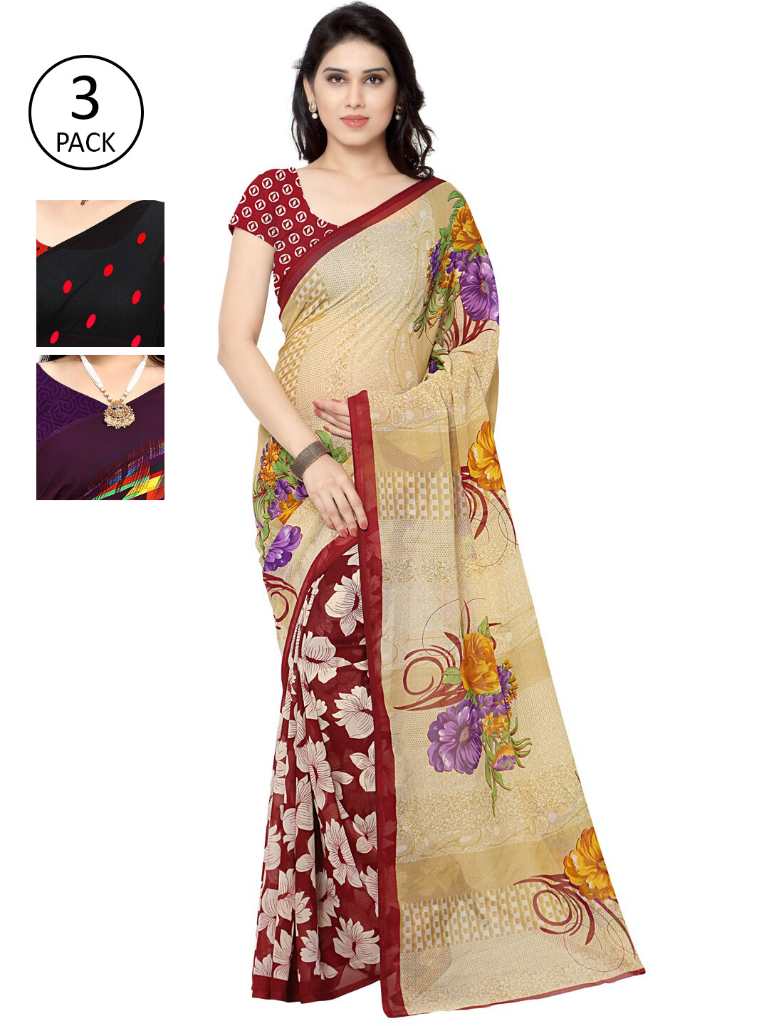 

KALINI Pack of 3 Poly Georgette Printed Sarees, Beige
