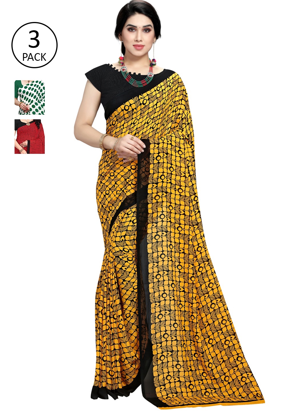 

KALINI Women Pack of 3 Printed Poly Georgette Sarees, White