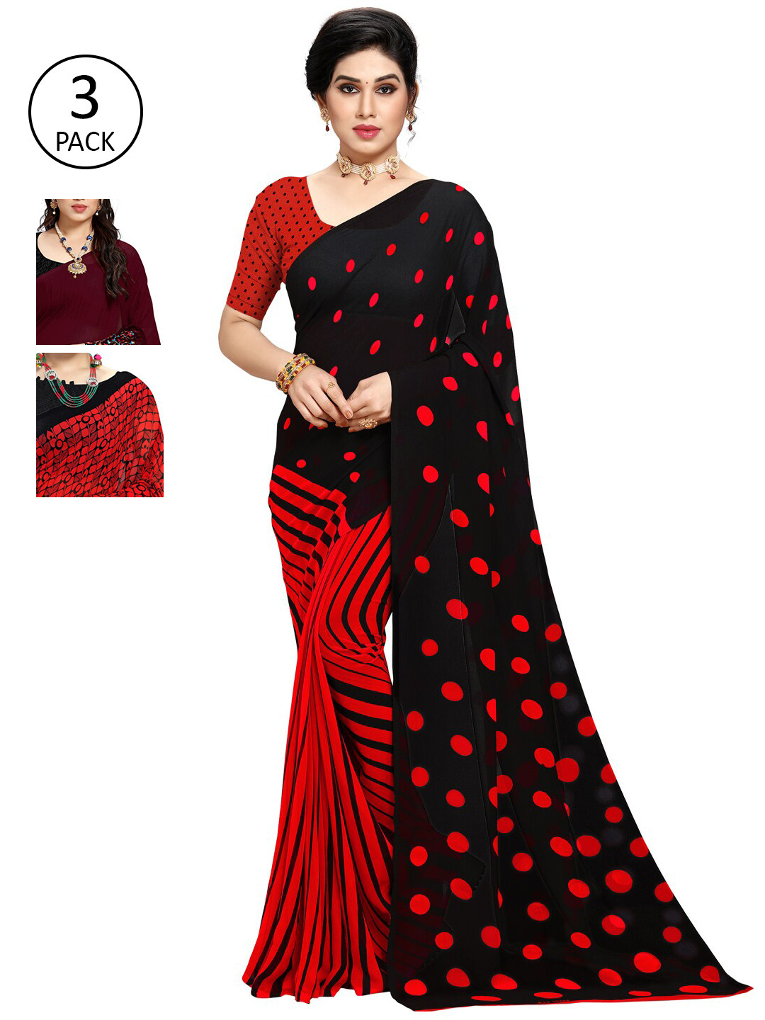 

KALINI Pack Of 3 Poly Georgette Printed Sarees, Red