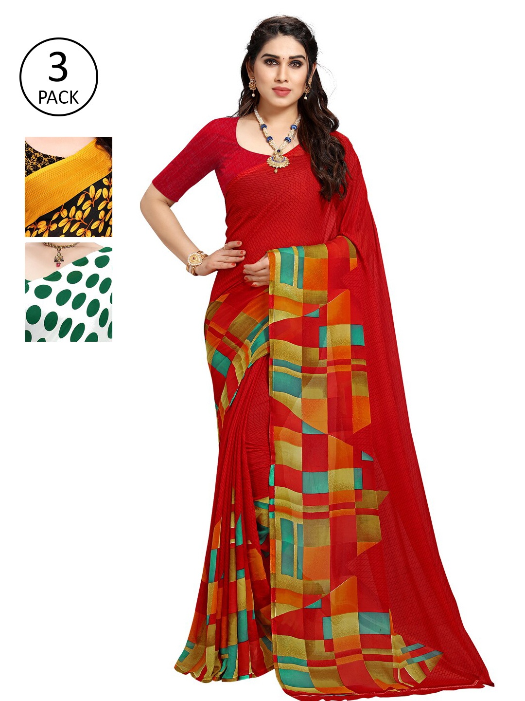 

KALINI Pack of 3 Poly Geirgette Printed Sarees, White