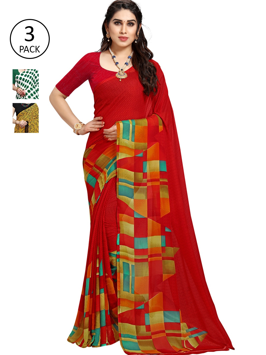 

KALINI Pack Of 3 Multicoloured Poly Georgette Sarees, Multi