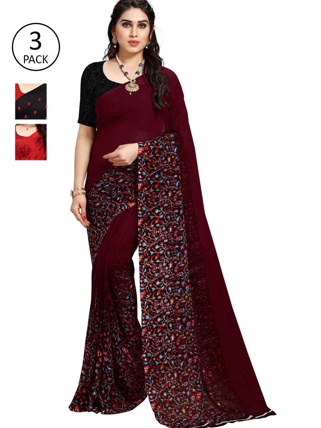 

KALINI Pack Of 3 Red & Black Saree