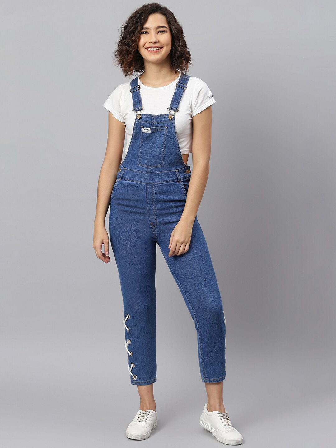 

FINSBURY LONDON Women Blue Solid Cotton Slim-Fit Denim Dungarees