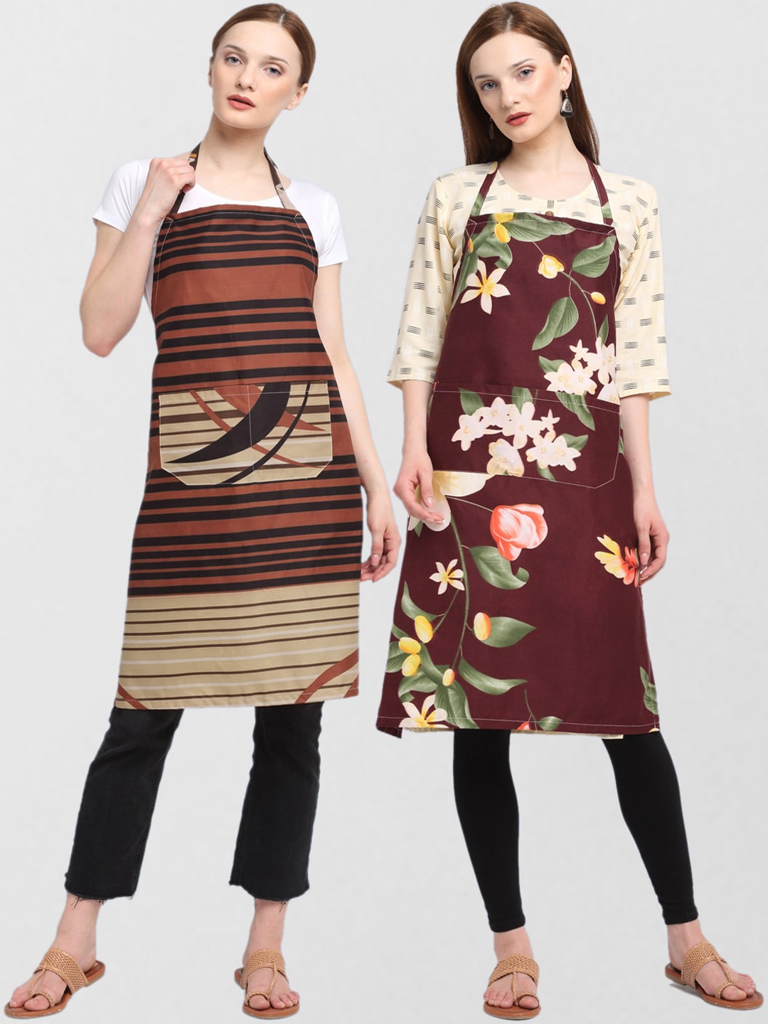 

KLOTTHE Pack Of 2 Printed 210 TC Cotton Aprons, Brown