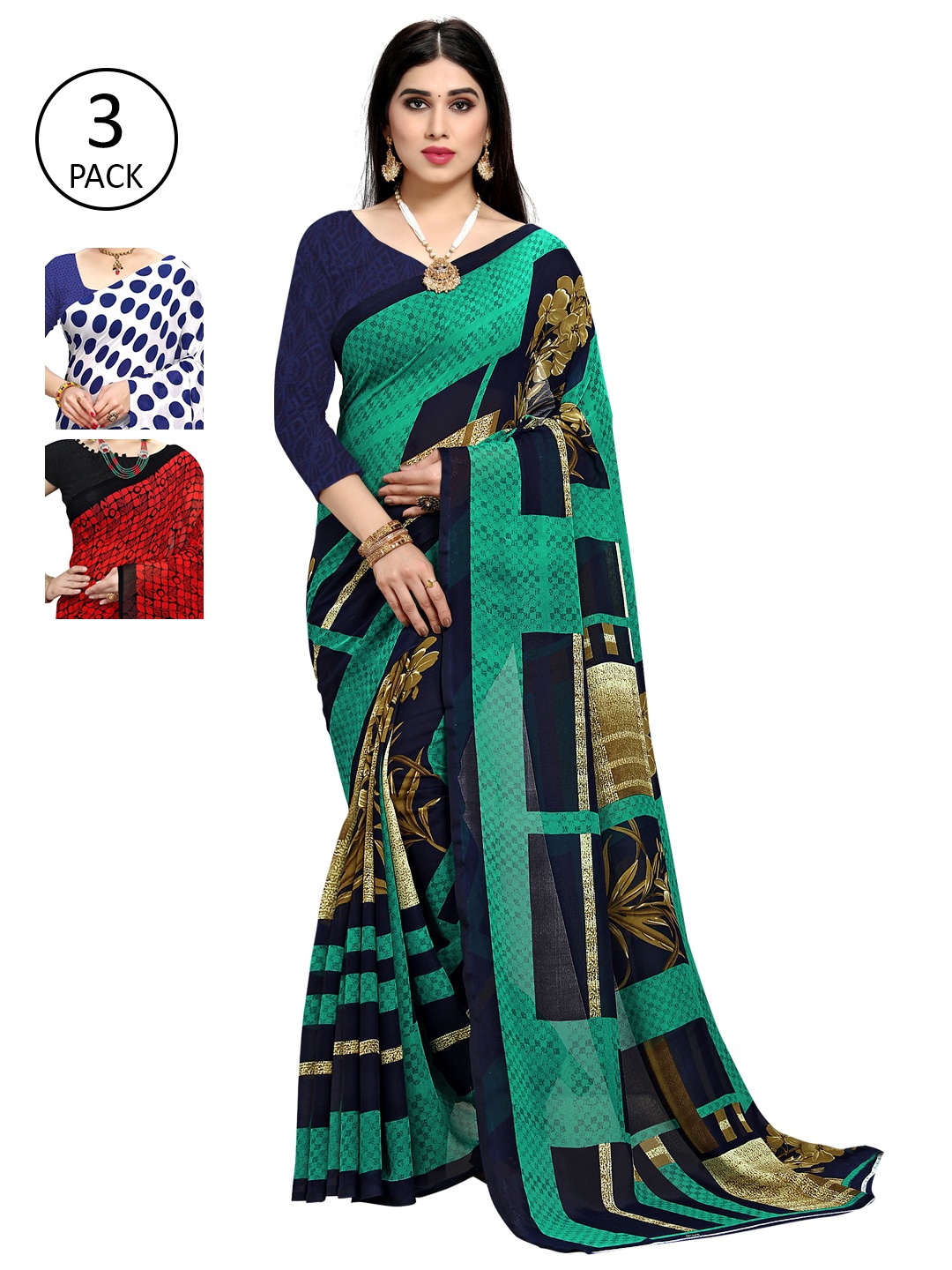 

KALINI Pack of 3 Poly Geirgette Printed Sarees, Blue