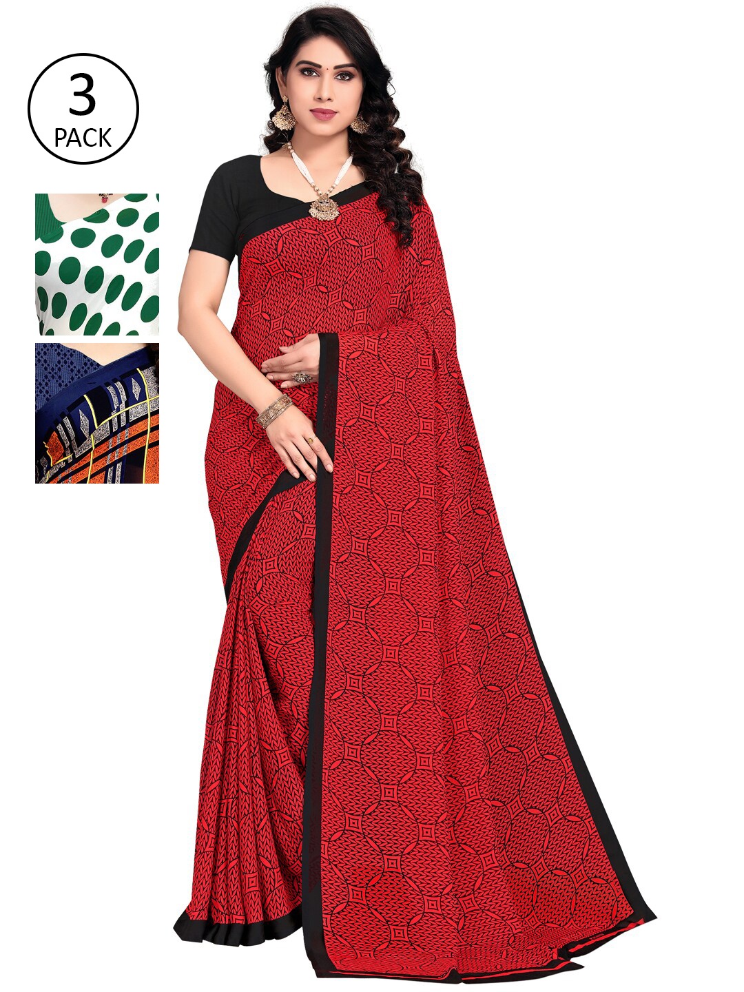 

KALINI White & Green Pack of 3 Printed Saree
