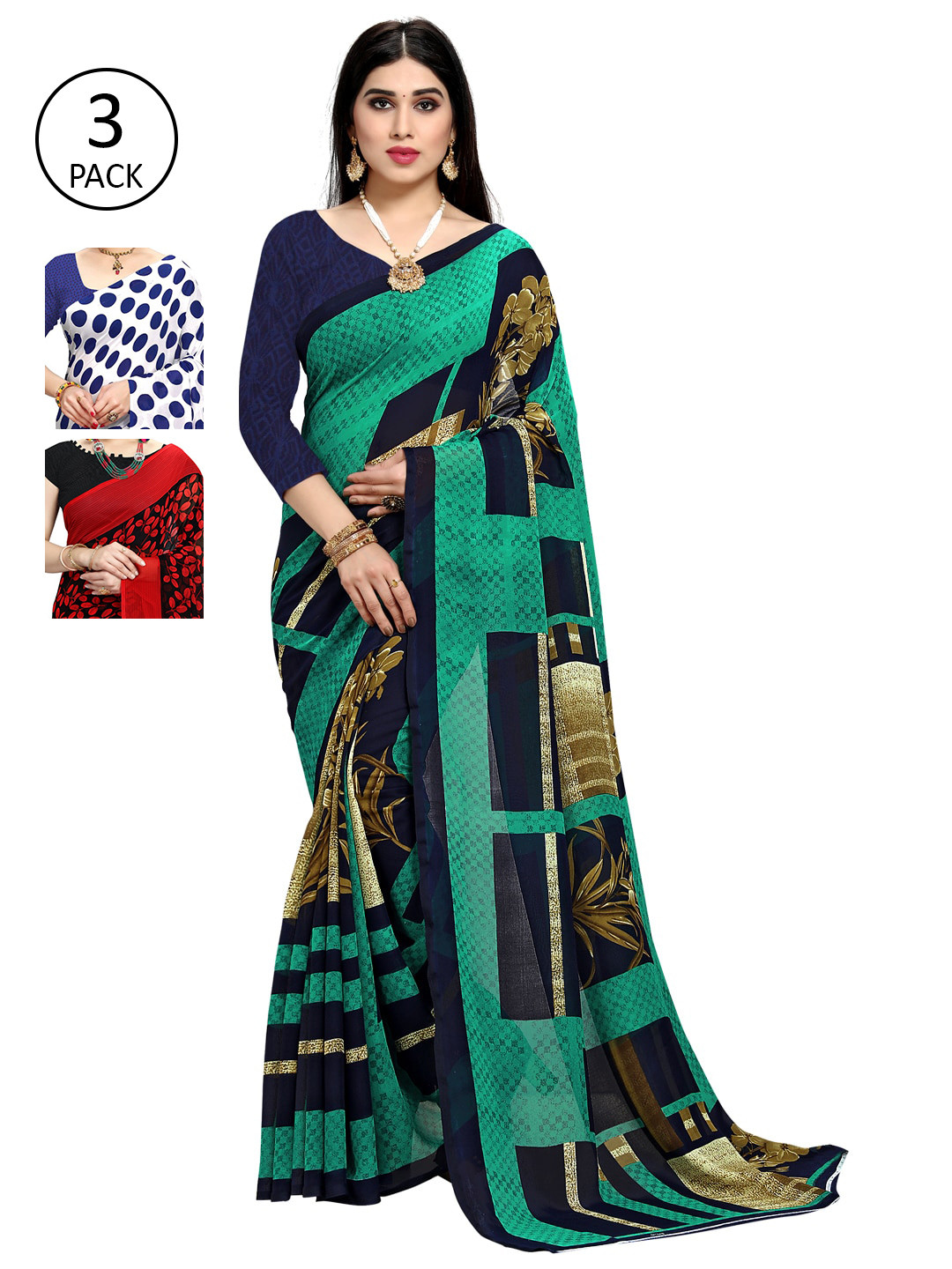 

KALINI Women Pack of 3 Printed Poly Georgette Sarees, White