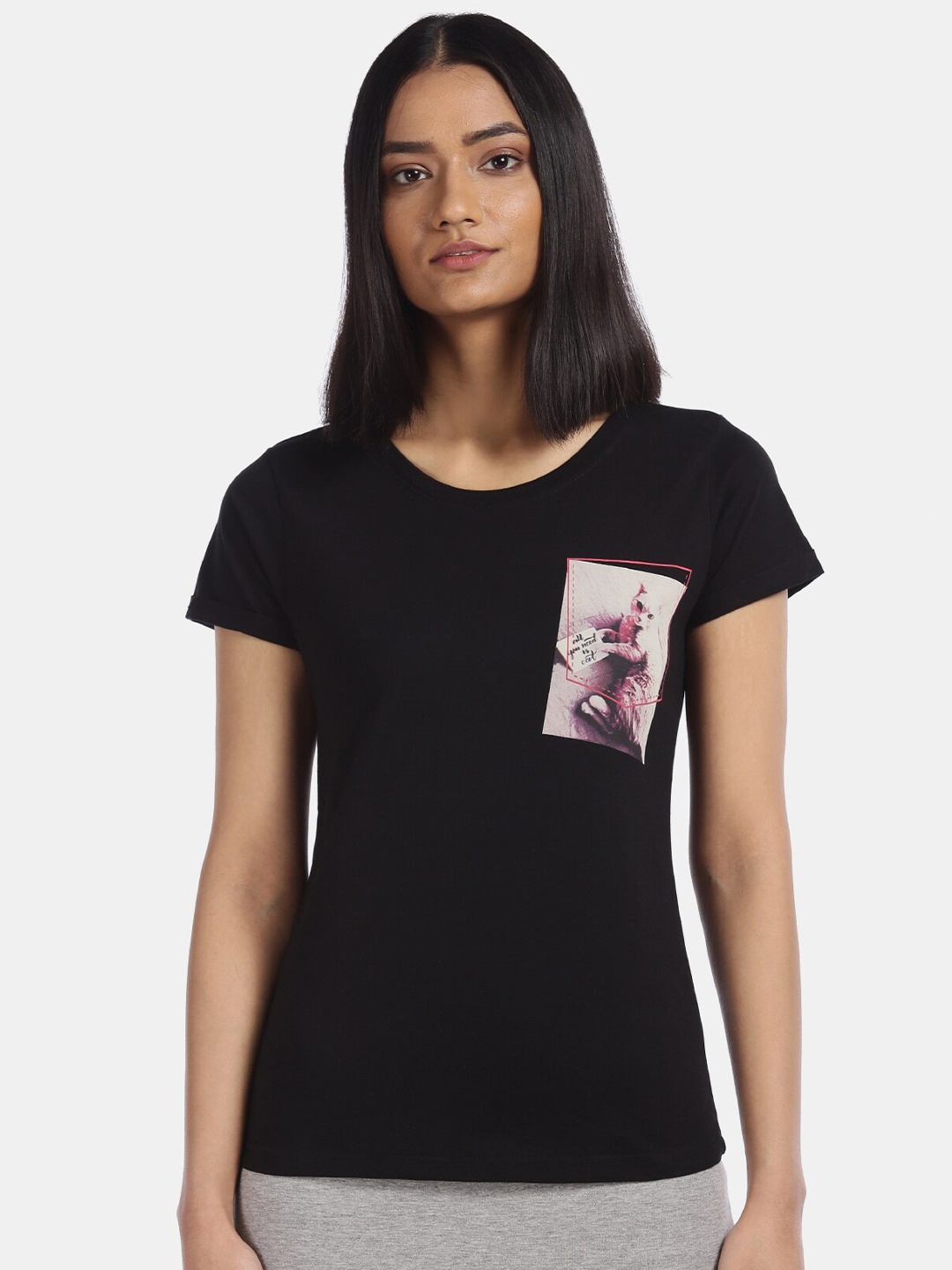 

Sugr Women Black Printed Cotton T-shirt