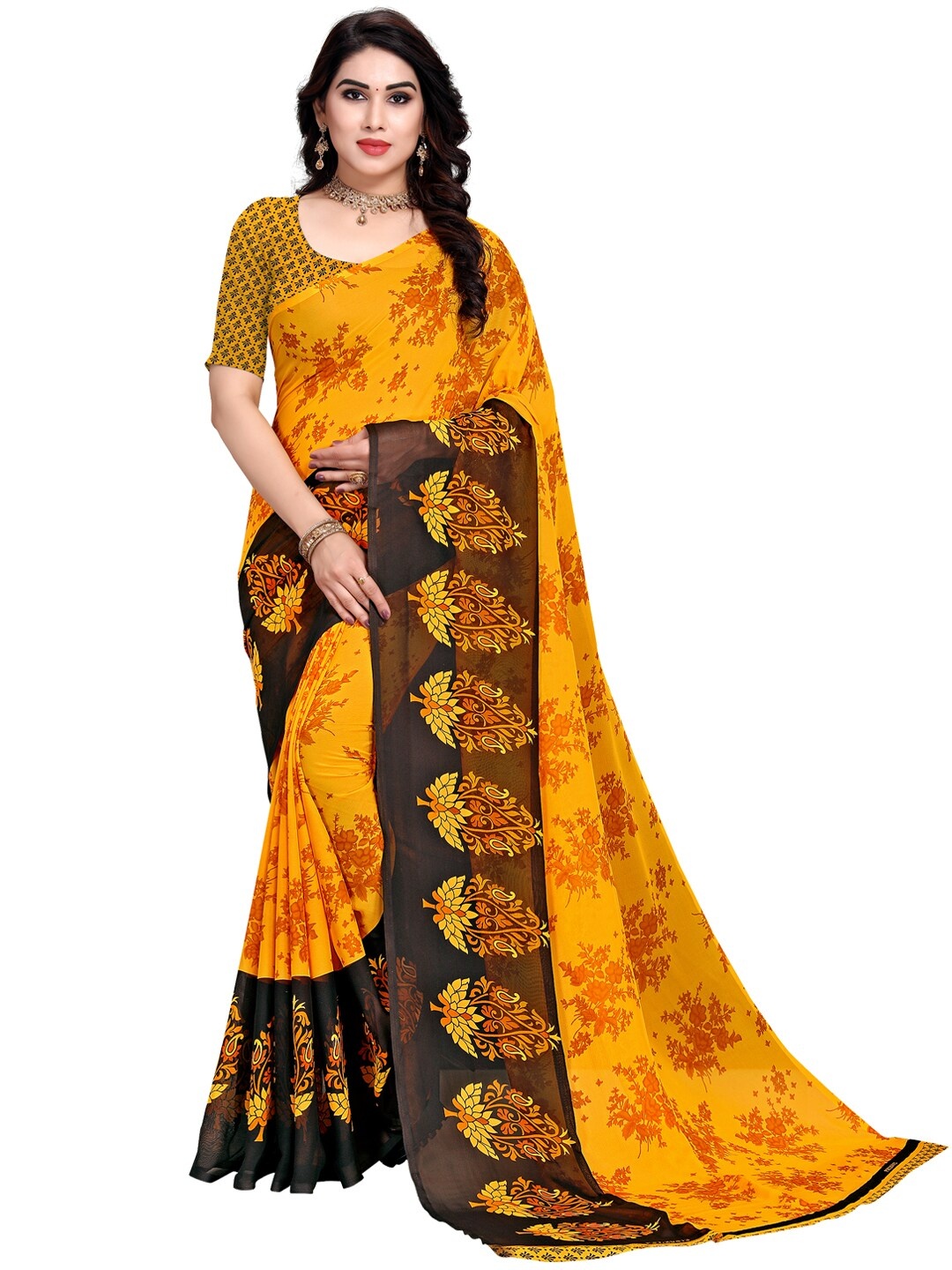 

KALINI Pack of 3 Poly Geirgette Printed Sarees, Yellow