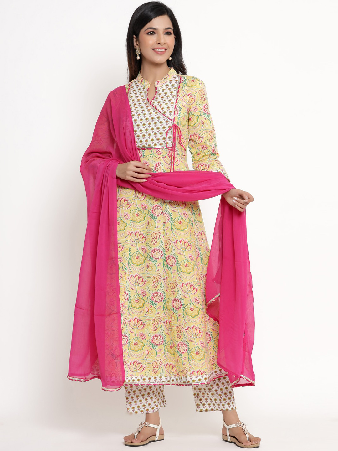 

ANAISA Women Yellow Floral Pure Cotton Kurta with Trousers & Dupatta