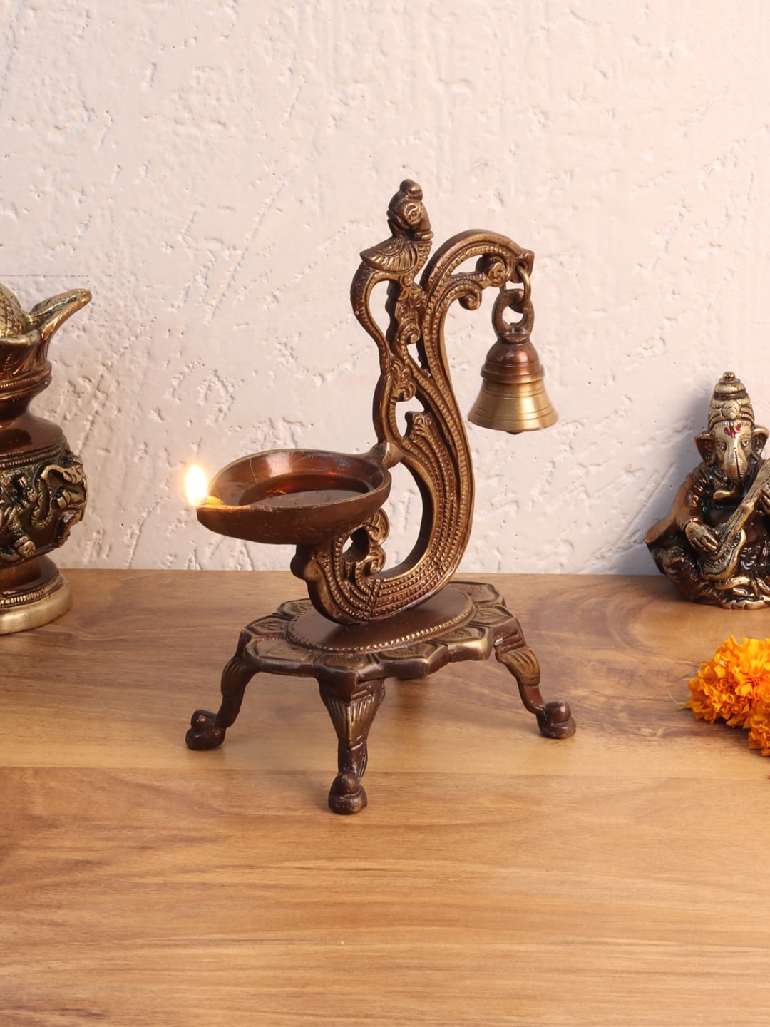 

Aapno Rajasthan Brown Brass Oil Lamp with Bell & Stand