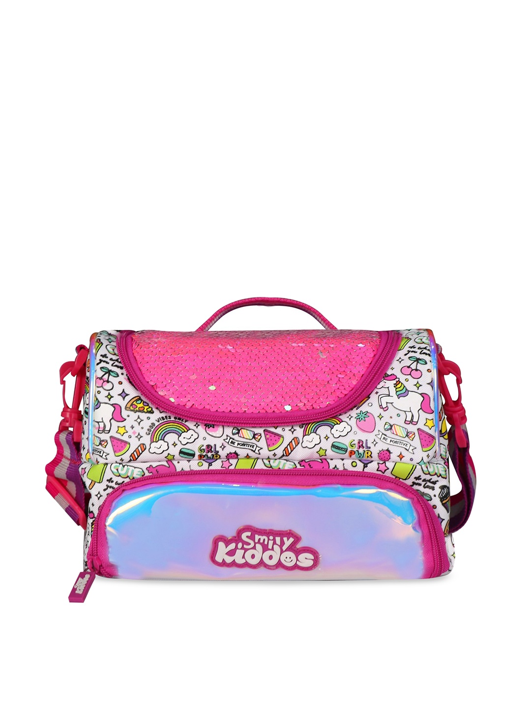 

Smily Kiddos Kids Pink & White Party Theme Printed Double Compartment Lunch Bag