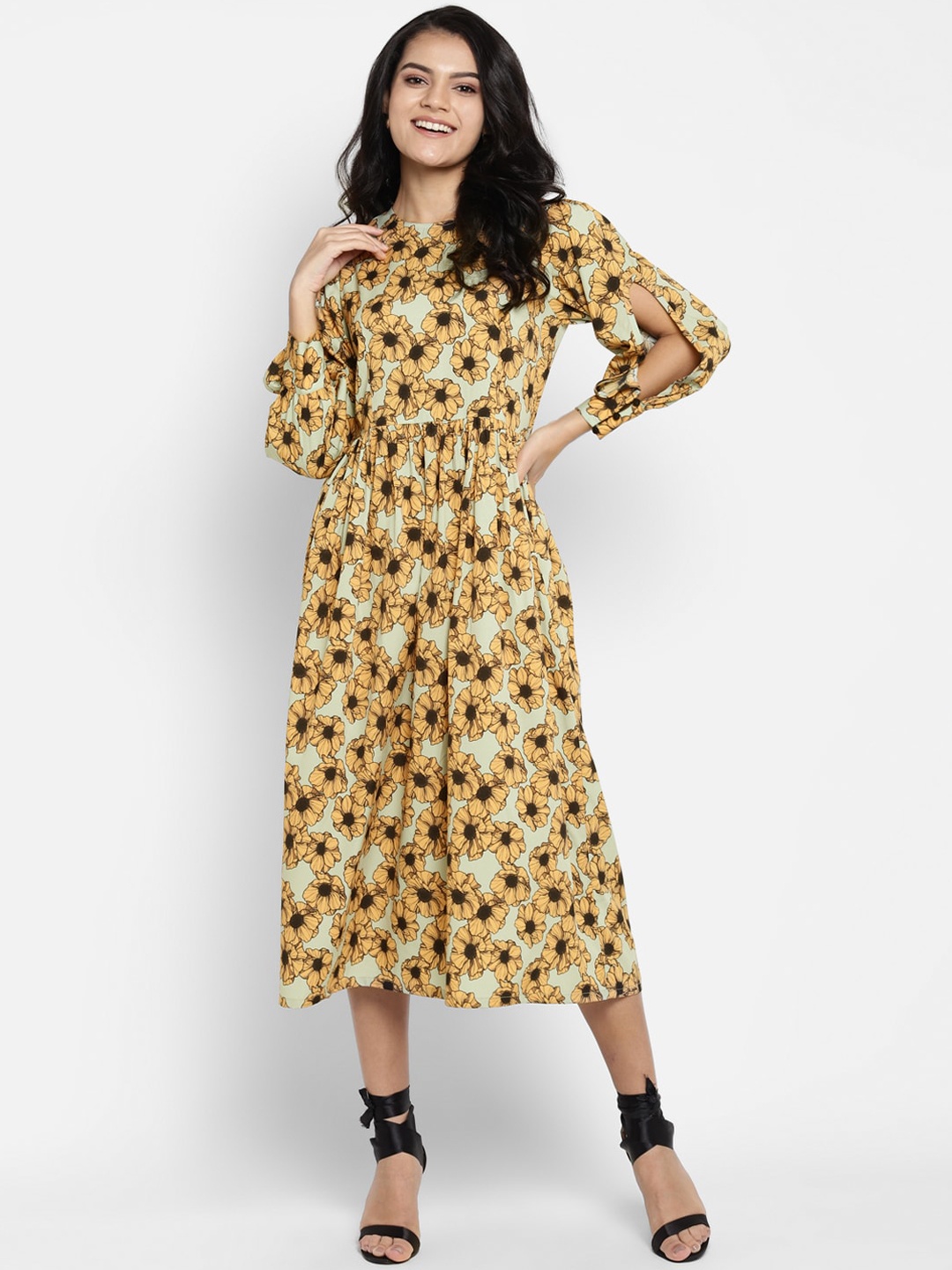 

DEEBACO Green & Mustard Yellow Floral Midi Dress