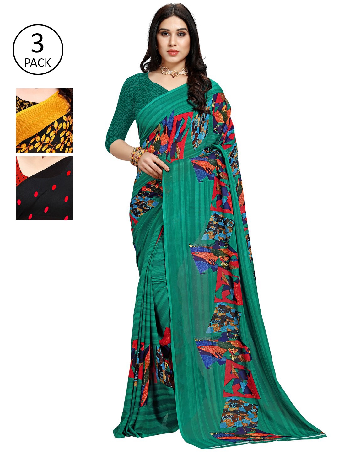

KALINI Multicoloured Set of 3 Poly Georgette Saree, Multi