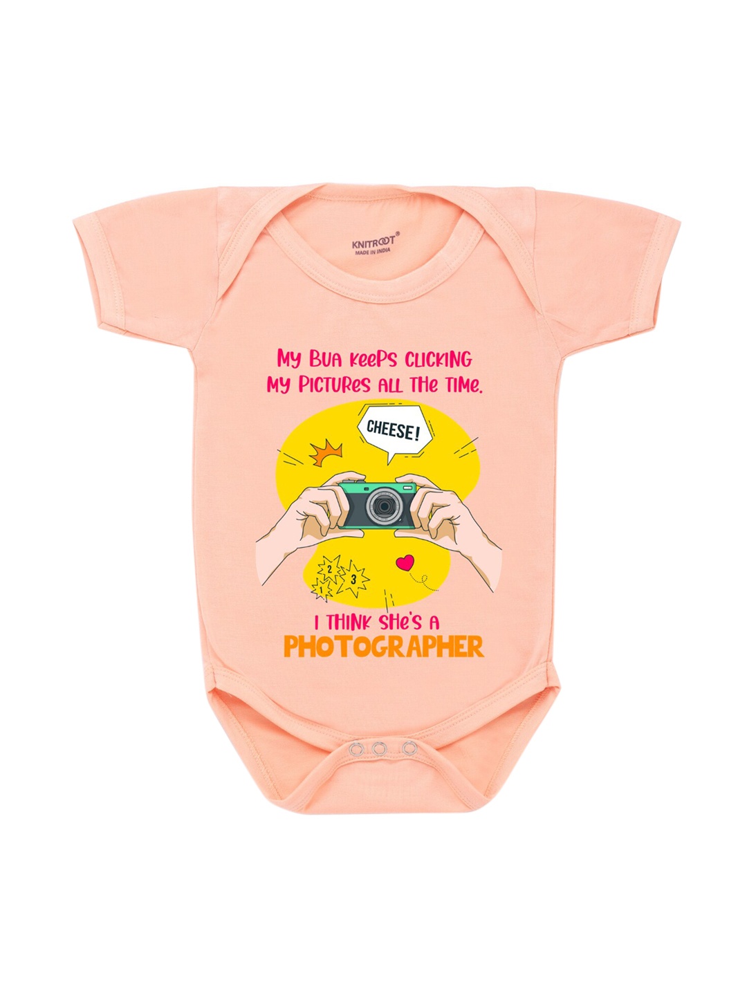 

KNITROOT Infant Kids Peach-Coloured & Yellow Cheese Printed Bodysuit