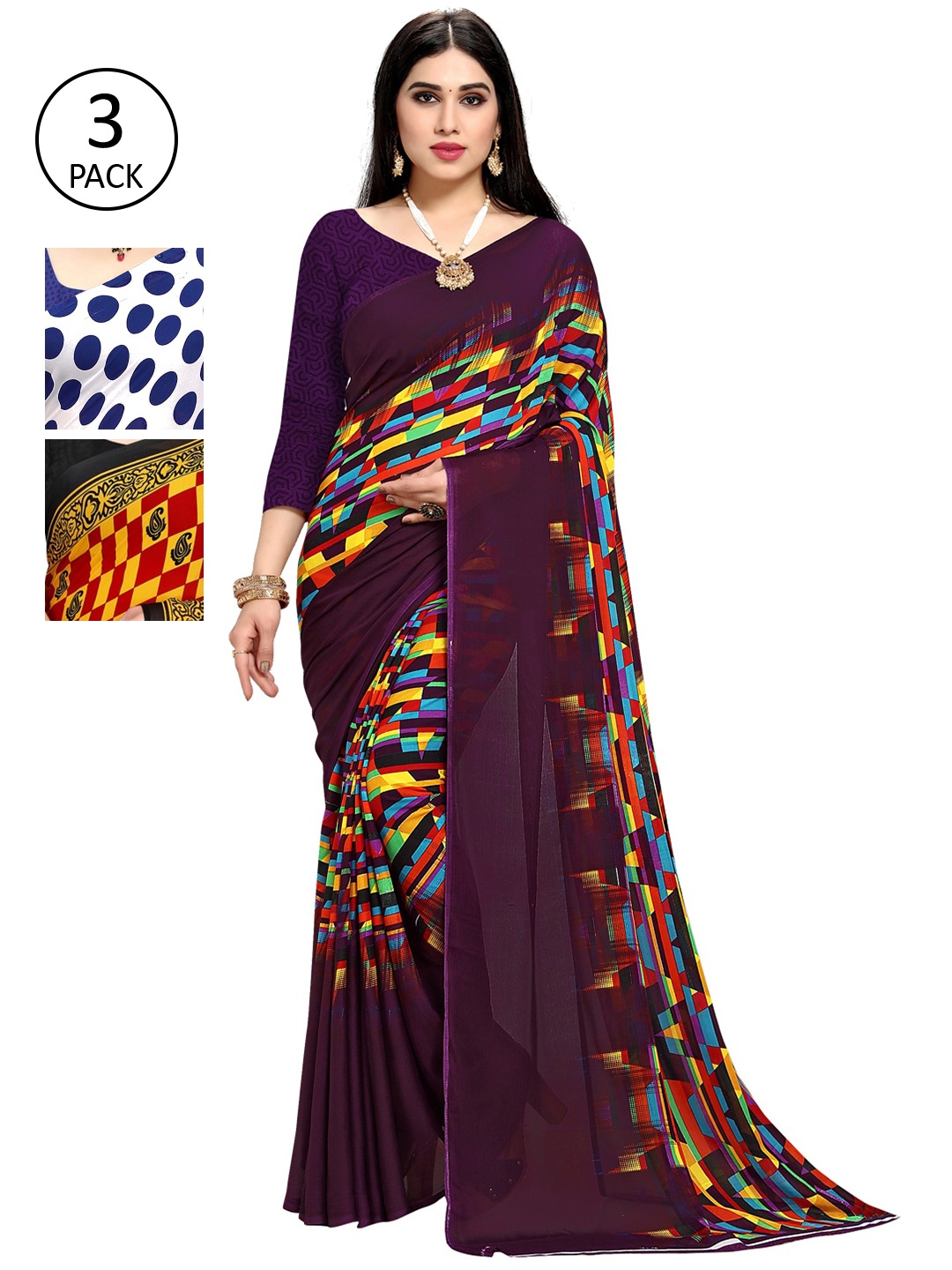 

KALINI Multi Pack of 3 Printed Poly Georgette Saree