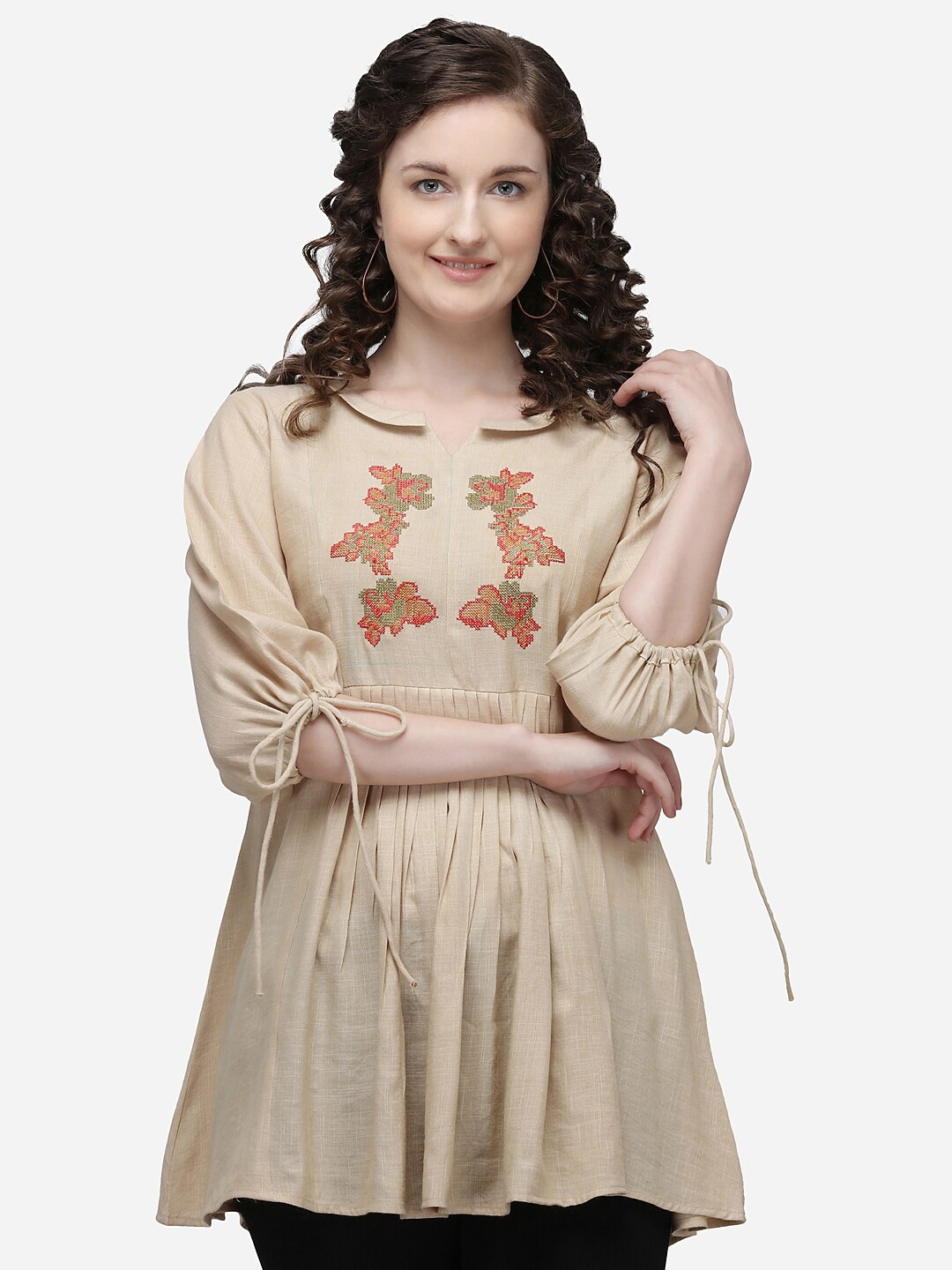 

RAISIN Beige & Red Viscose Rayon Embroidered A-Line Tunic