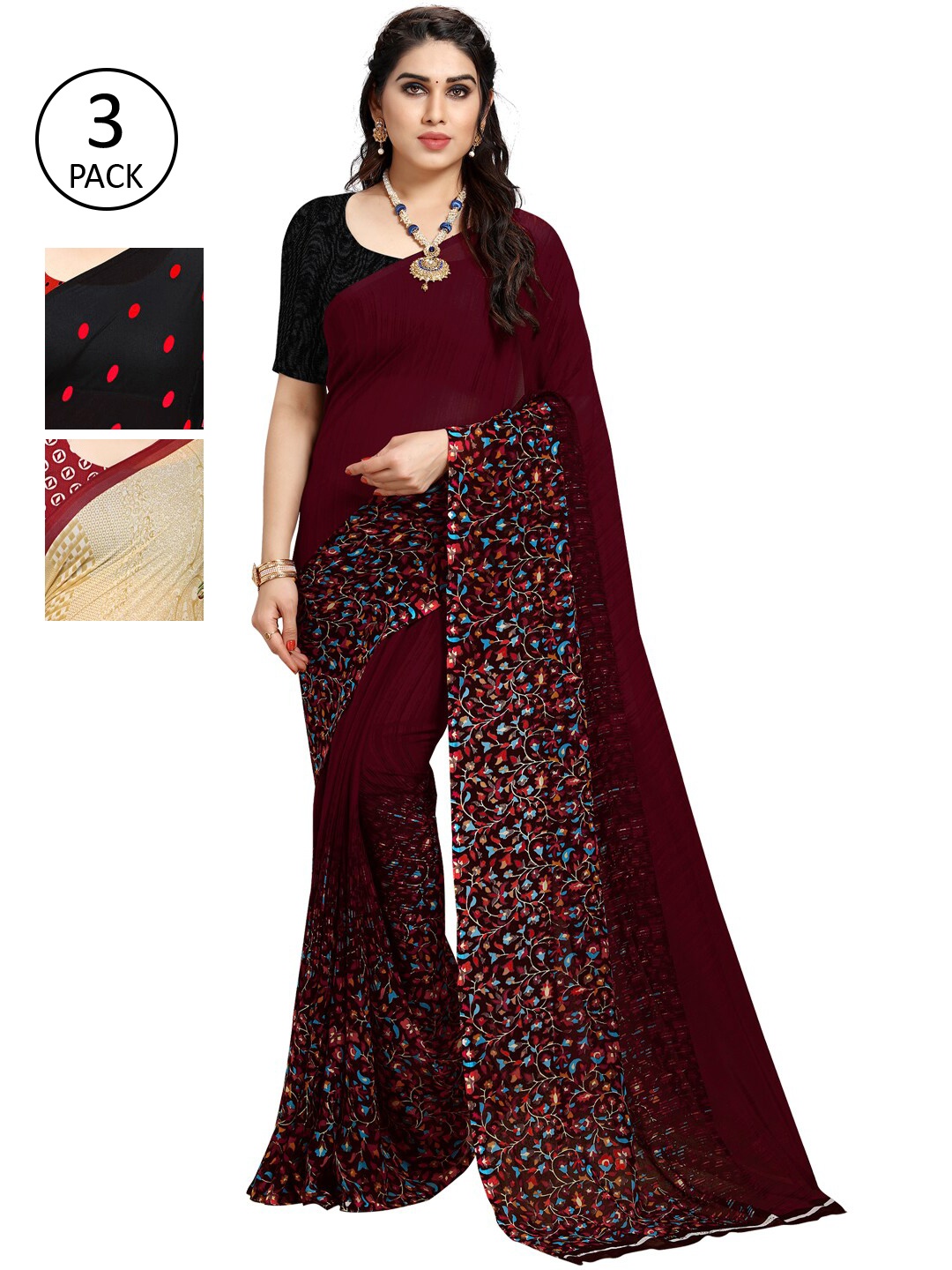 

KALINI Multicoloured Set of 3 Poly Georgette Saree, Multi