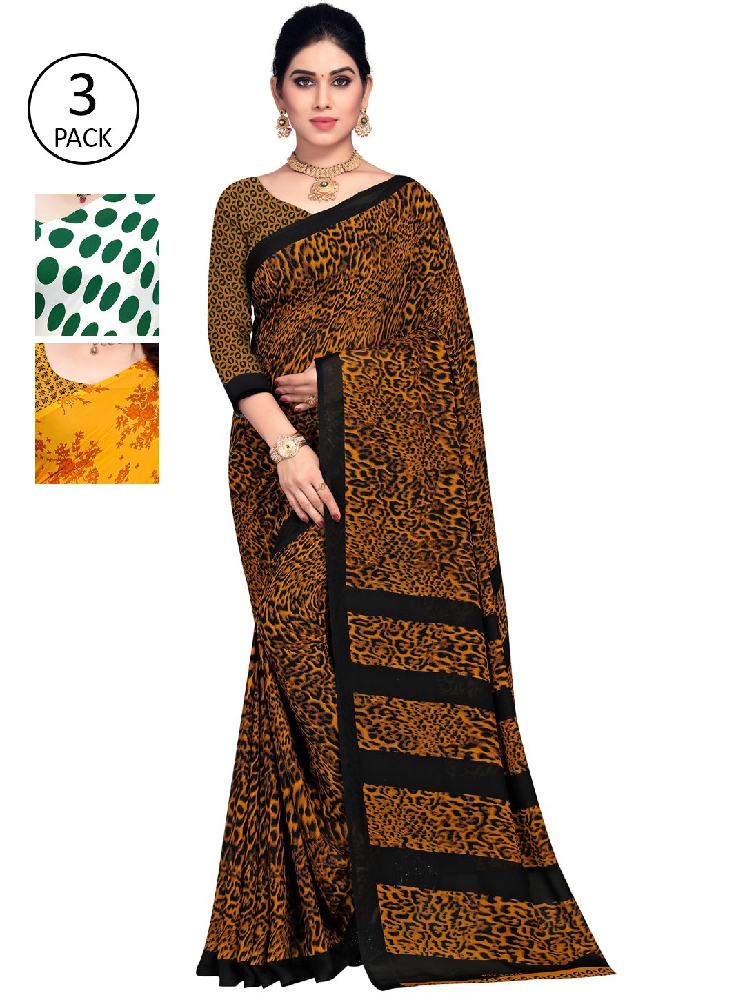 

KALINI Women Pack of 3 Printed Poly Georgette Sarees, White