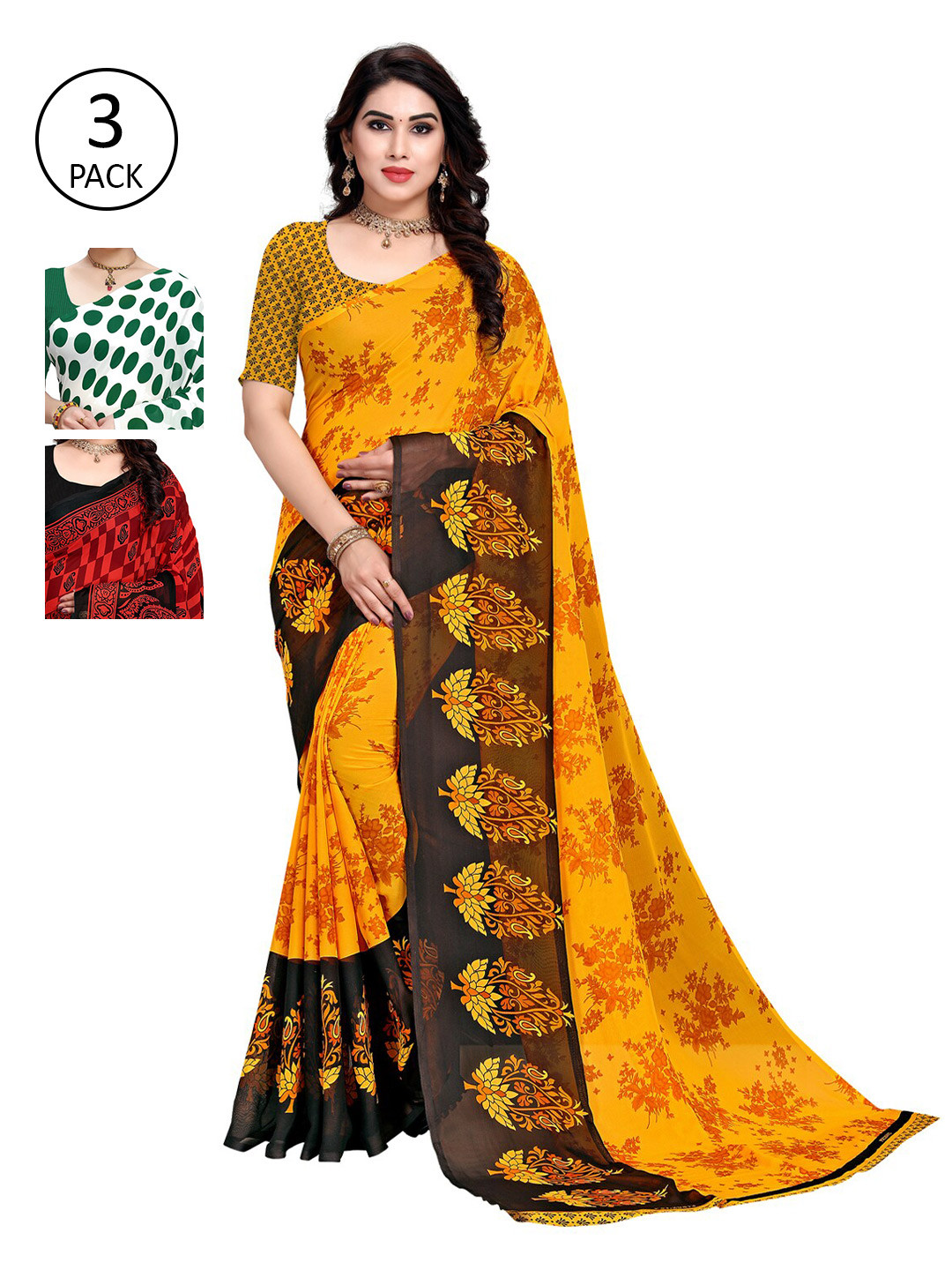 

KALINI Pack Of 3 Yellow & White Saree
