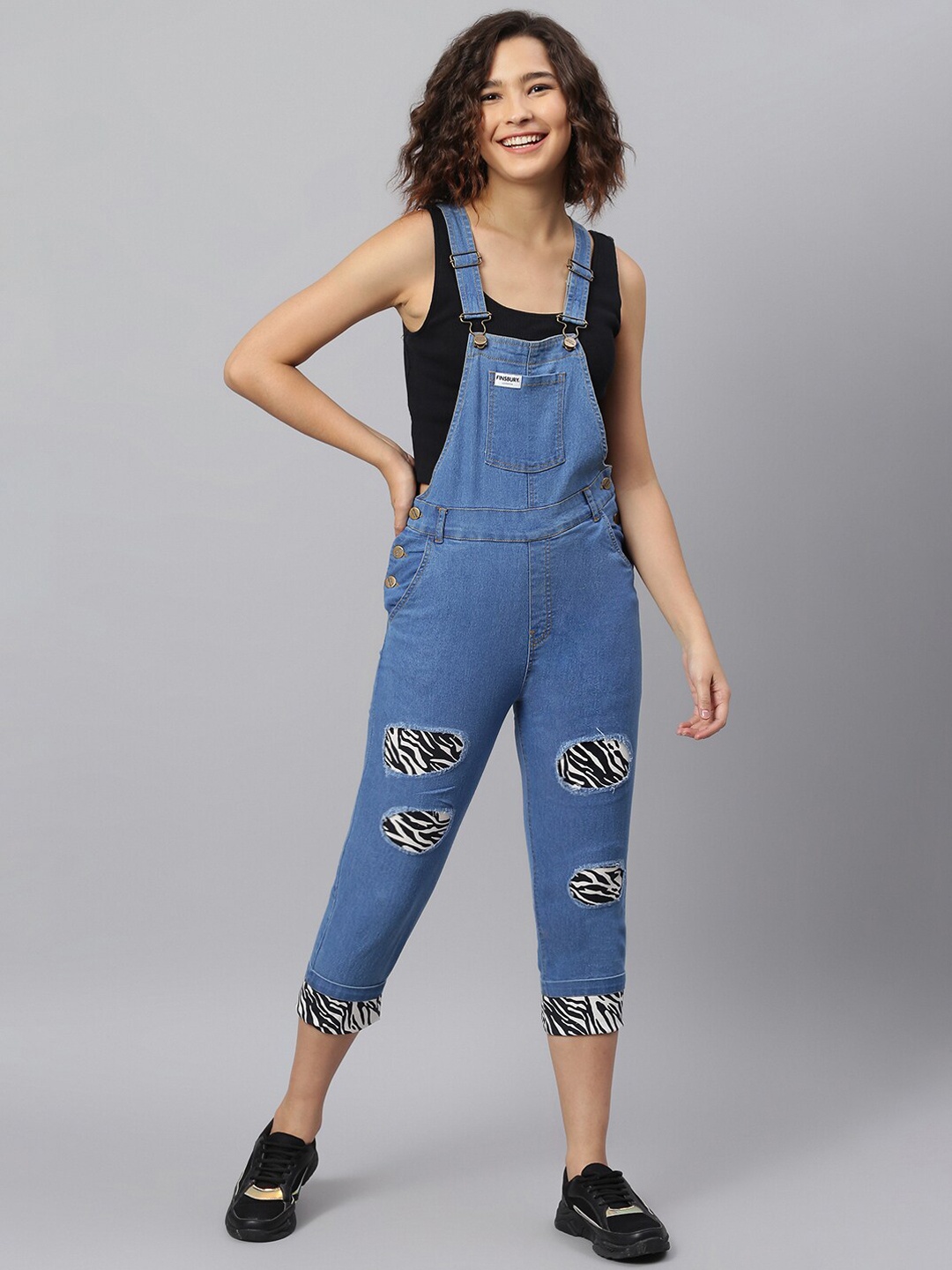 FINSBURY LONDON Women Blue Solid Slim-Fit Cotton Dungarees