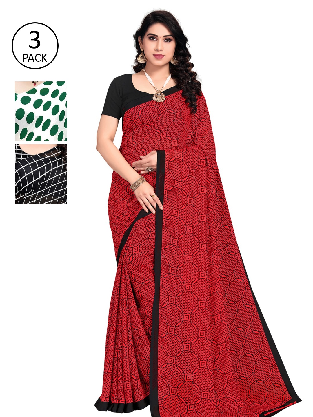 

KALINI Women Pack of 3 Printed Poly Georgette Sarees, Red