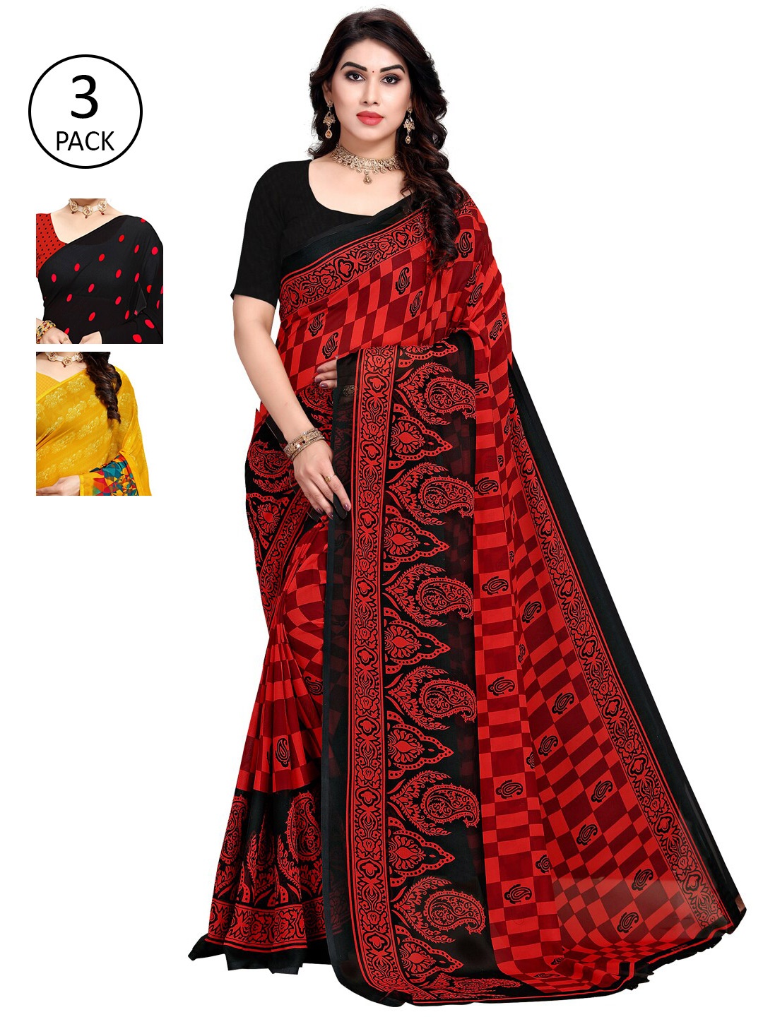 

KALINI Pack Of 3 Red & Yellow Saree