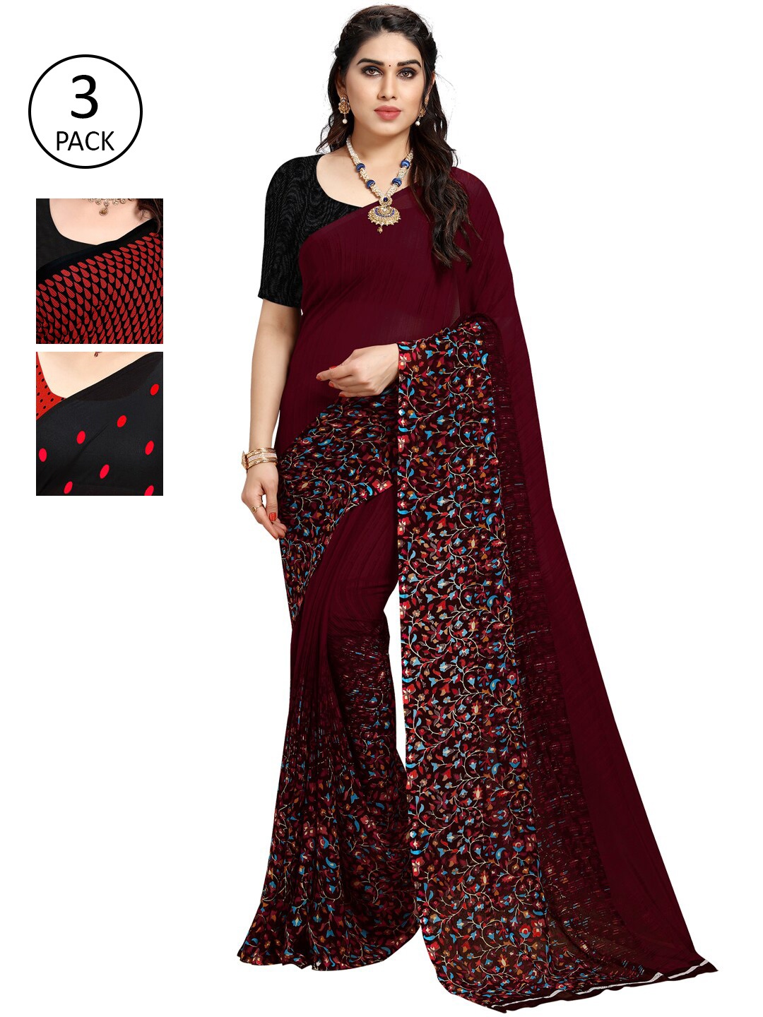 

ANAND SAREES Pack of 3 Poly Georgette Sarees, Burgundy