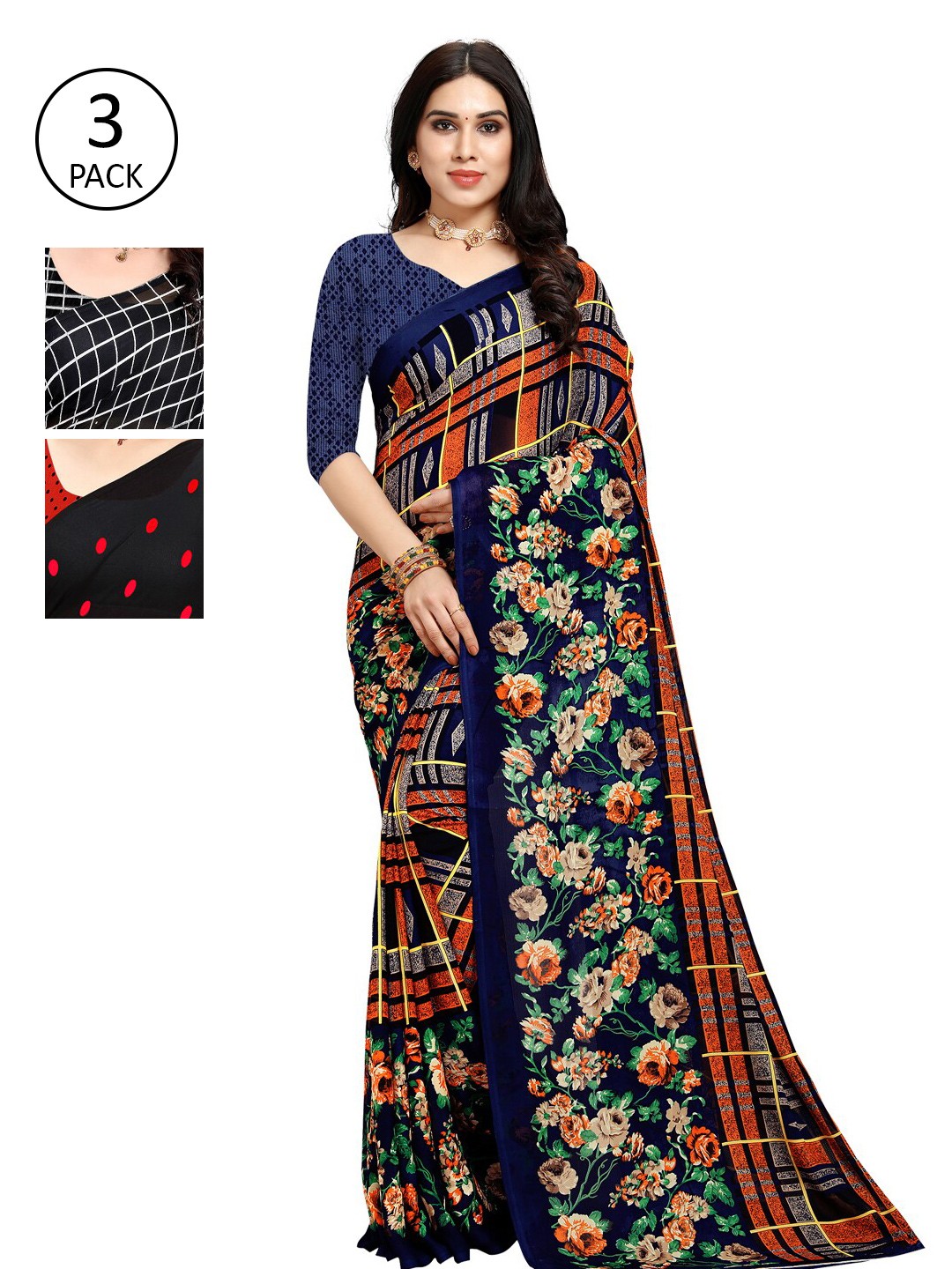 

KALINI Pack of 3 Poly Georgette Sarees, Orange