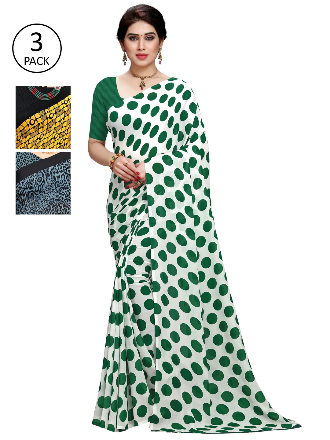 

KALINI Women Pack of 3 Printed Poly Georgette Sarees, White