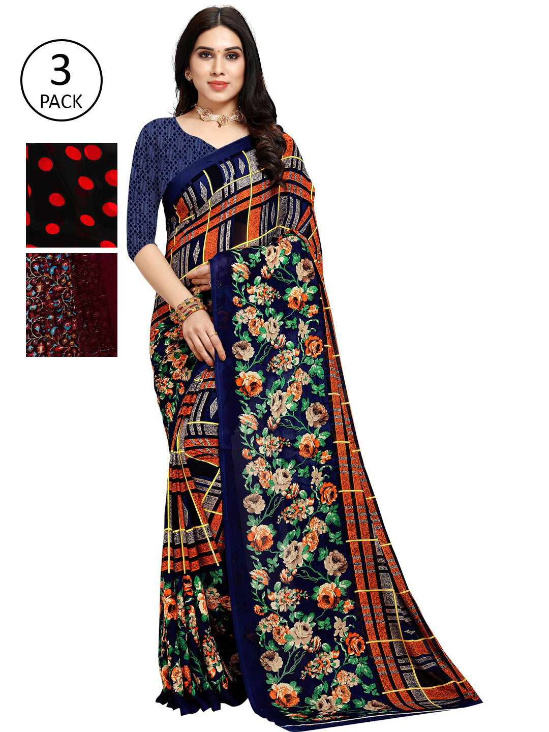 

KALINI Pack of 3 Poly Georgette Printed Sarees, Black
