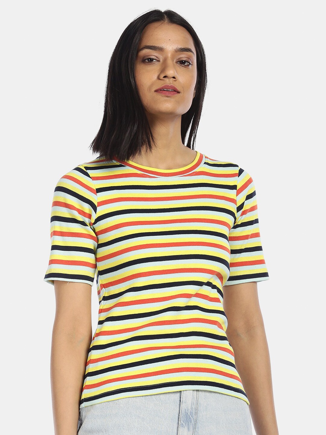 

Sugr Women Multicoloured Striped Cotton T-shirt, Multi