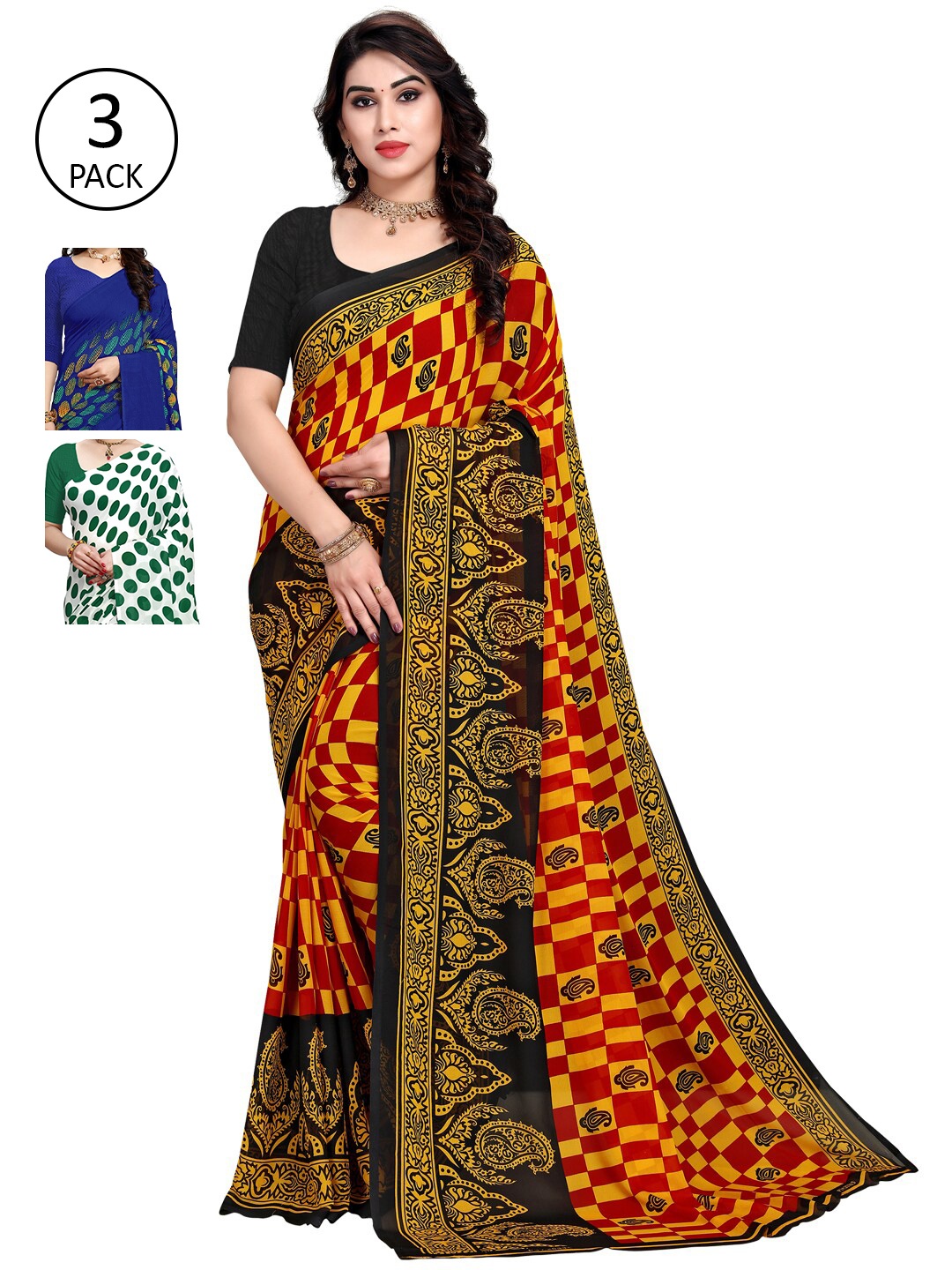 

KALINI Multicoloured Set of 3 Poly Georgette Saree, Multi