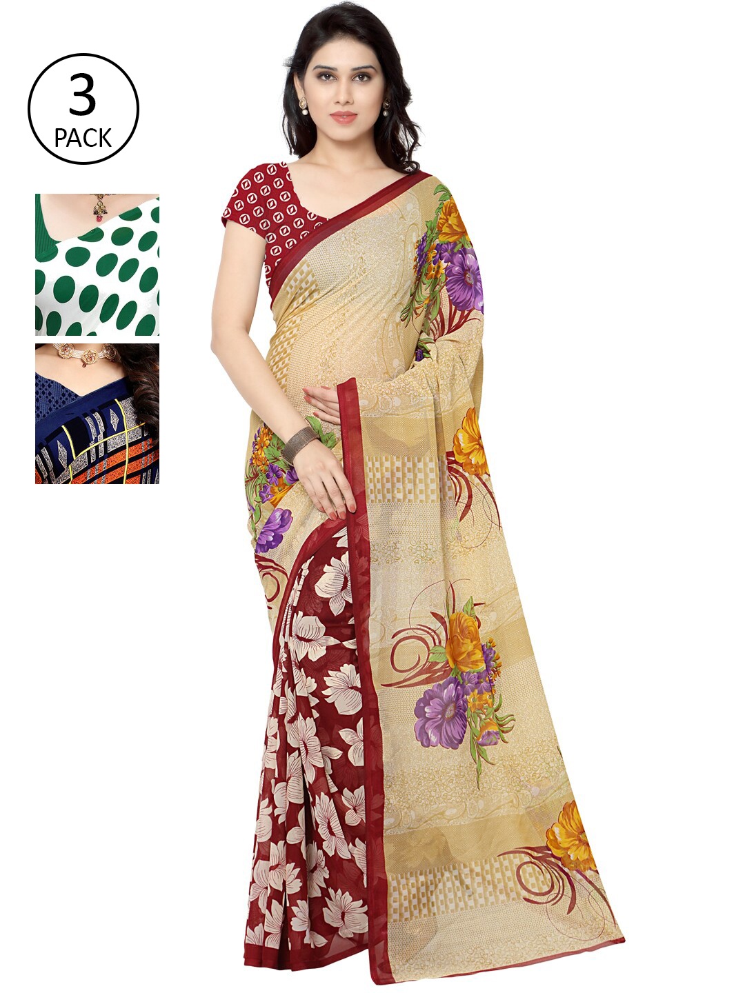 

KALINI Pack Of 3 Poly Georgette Sarees, White