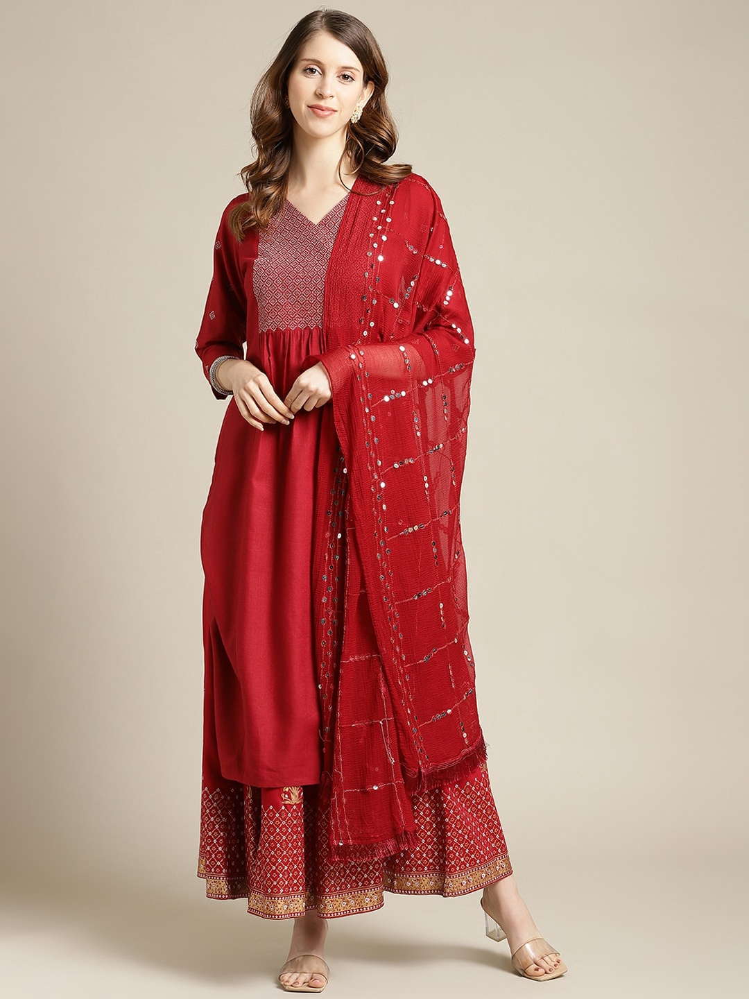 

Varanga Women Maroon Embroidered Thread Work Pure Cotton Kurta with Skirt & With Dupatta