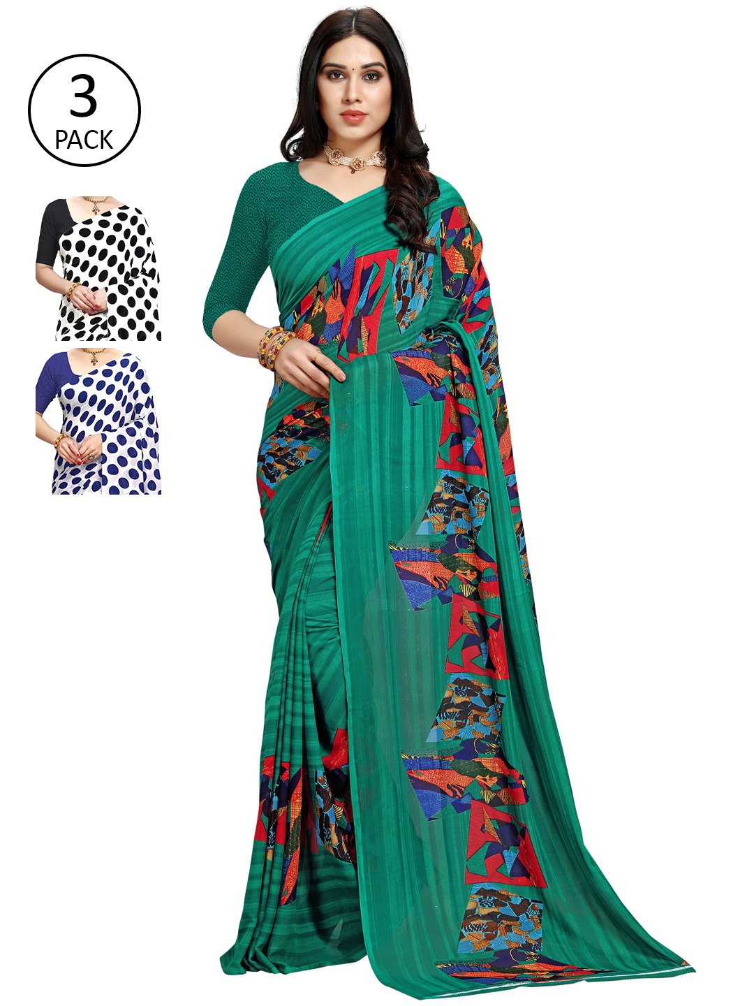 

KALINI Pack Of 3 Multicoloured Poly Georgette Sarees, Multi