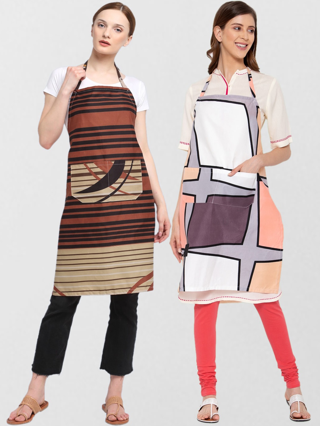 

KLOTTHE Unisex Pack Of 2 Printed 210TC Cotton Aprons, Brown