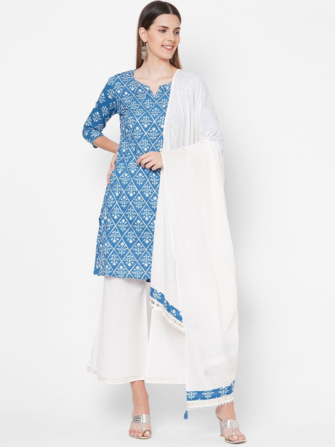 

FASHOR Women Blue Angrakha Pure Cotton Kurta with Sharara