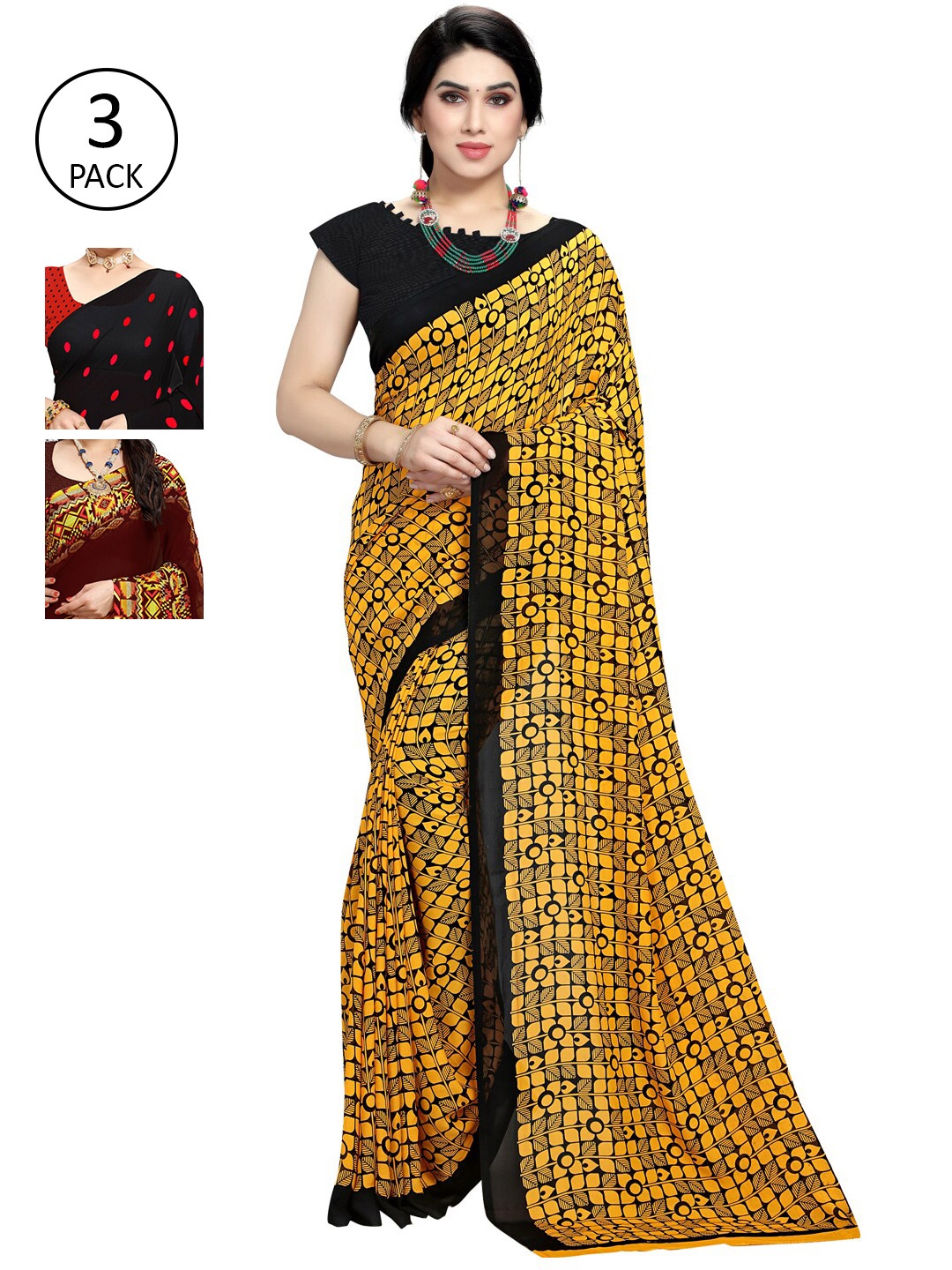 

KALINI Pack Of 3 Yellow & Red Saree