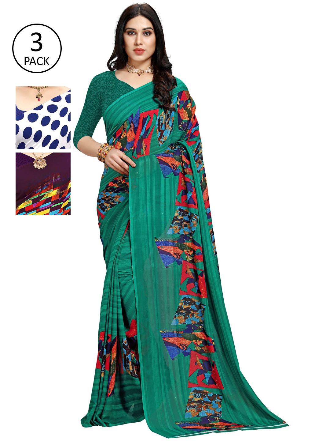 

KALINI Pack Of 3 Multicoloured Poly Georgette Sarees, Multi
