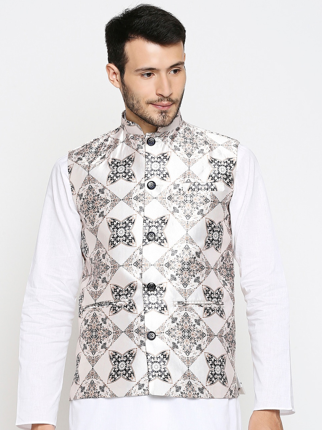 

Blacksmith Men White & Beige Printed Satin Nehru Jacket