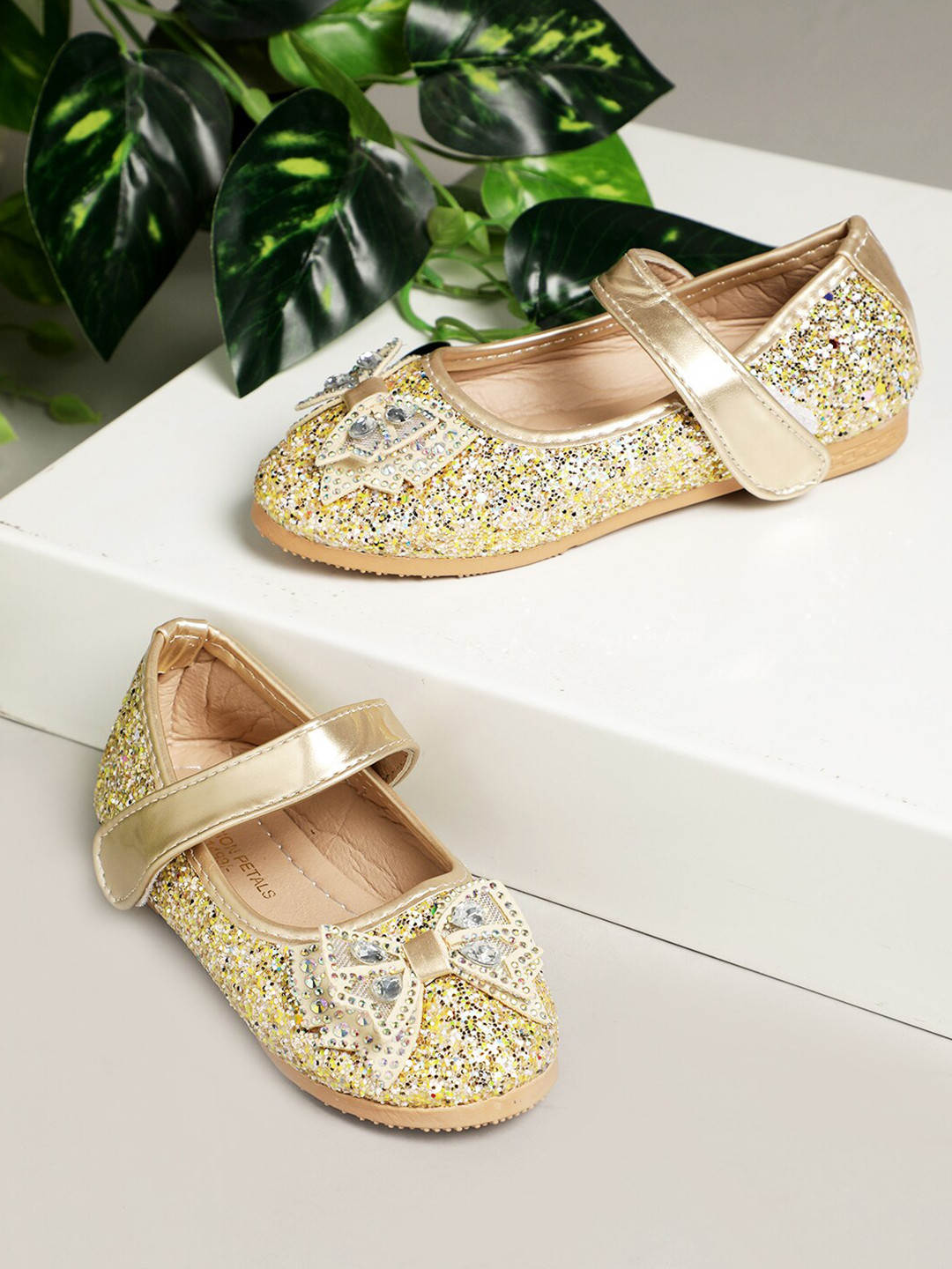 

PASSION PETALS Girls Gold Embellished Leather Ethnic Ballerinas Flats