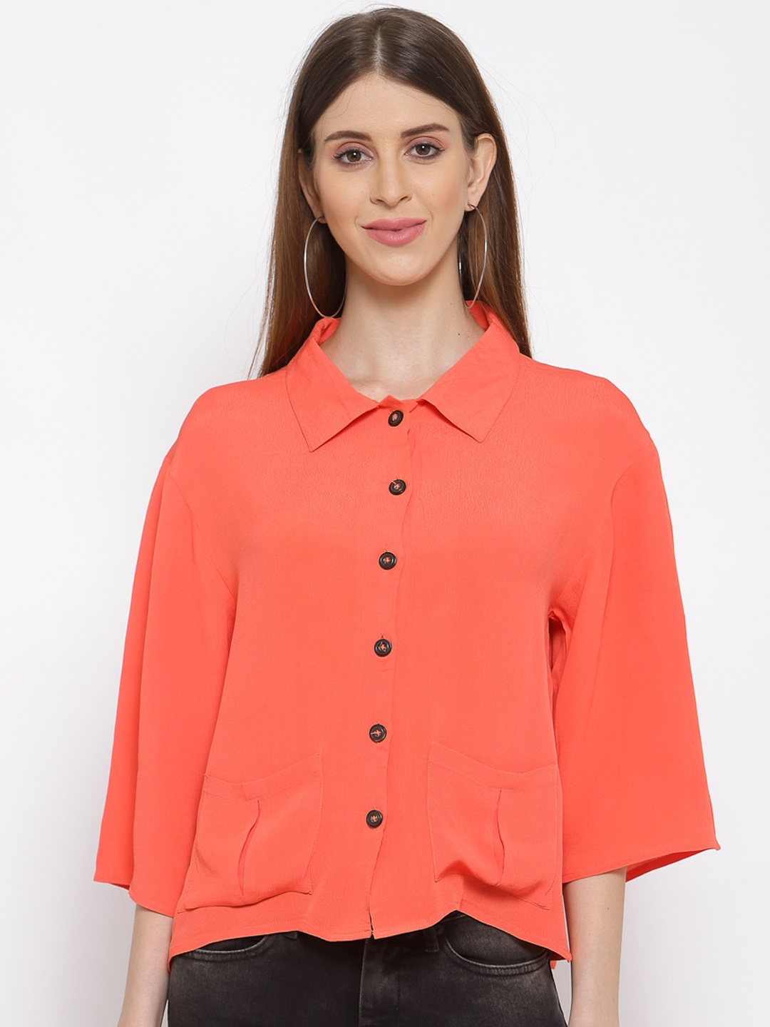 

SCOUP Women Coral Red Boxy Casual Shirt