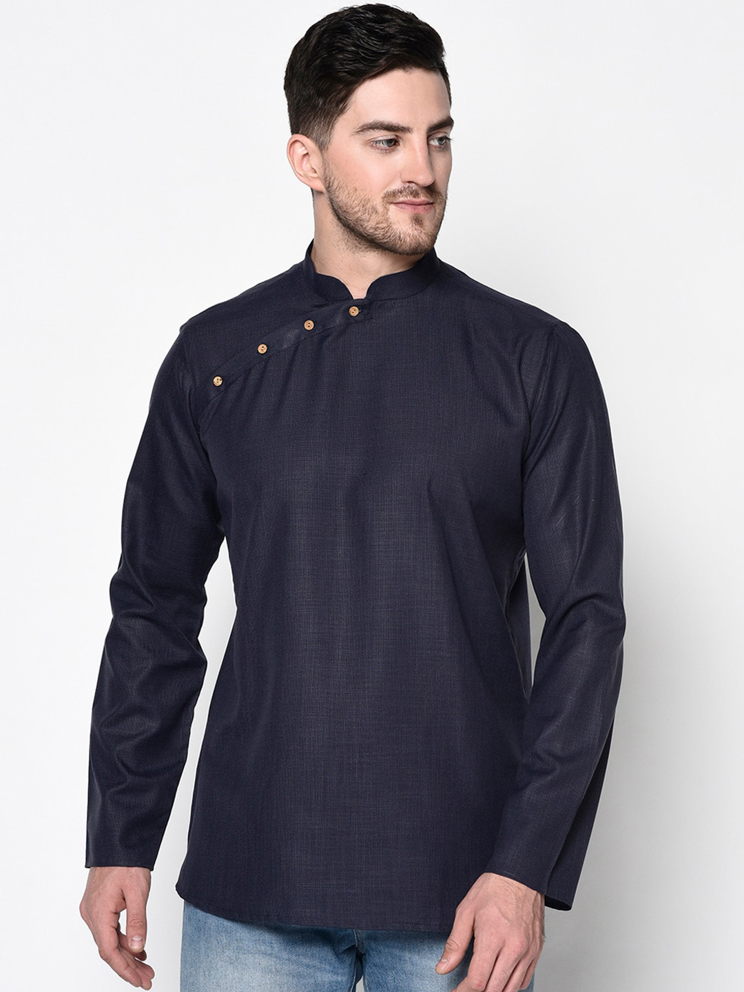 

TABARD Men Navy Blue Solid Mandarin Collar Angrakha Cotton Kurta