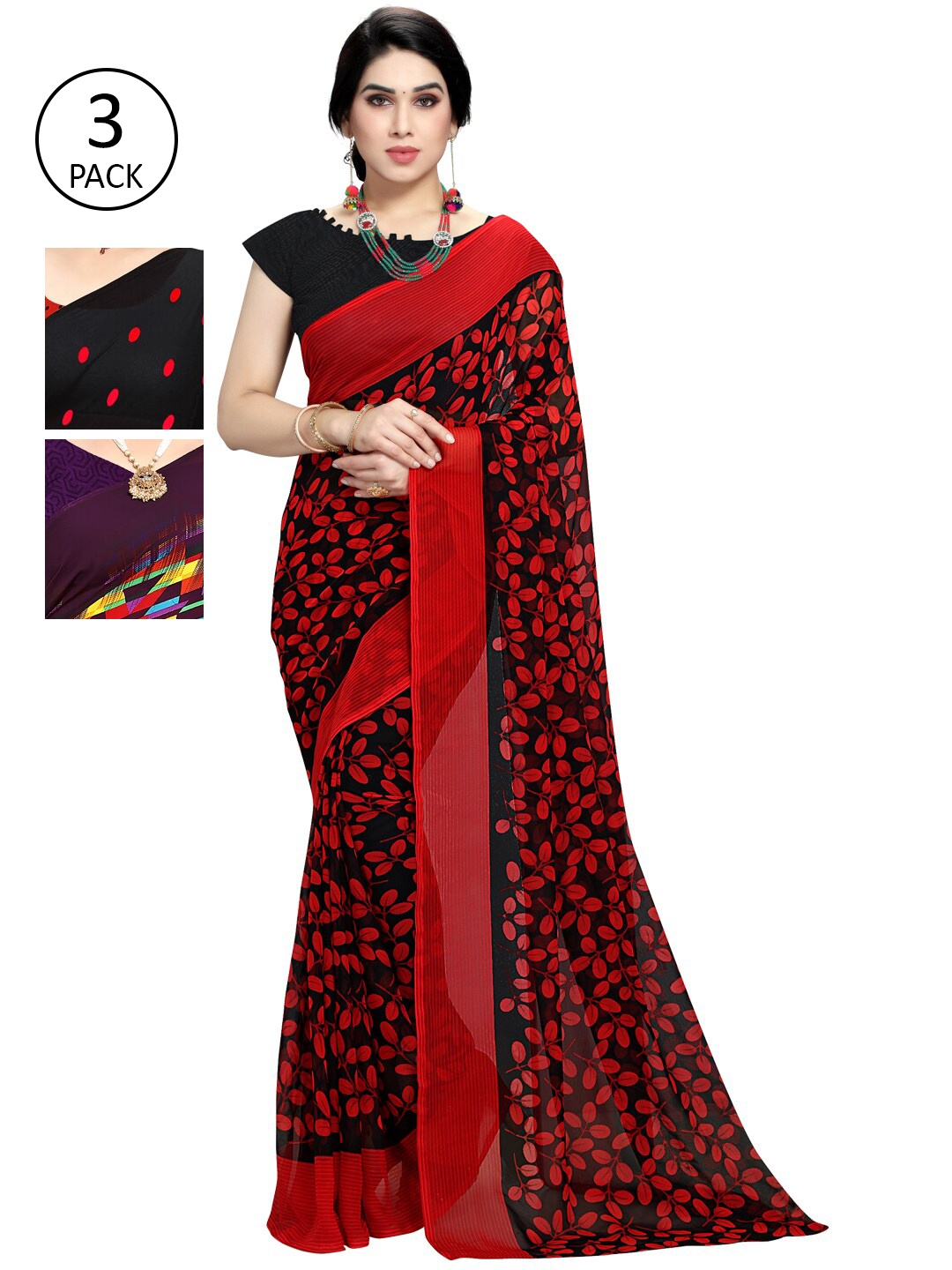 

KALINI Women Pack of 3 Printed Sarees, Purple